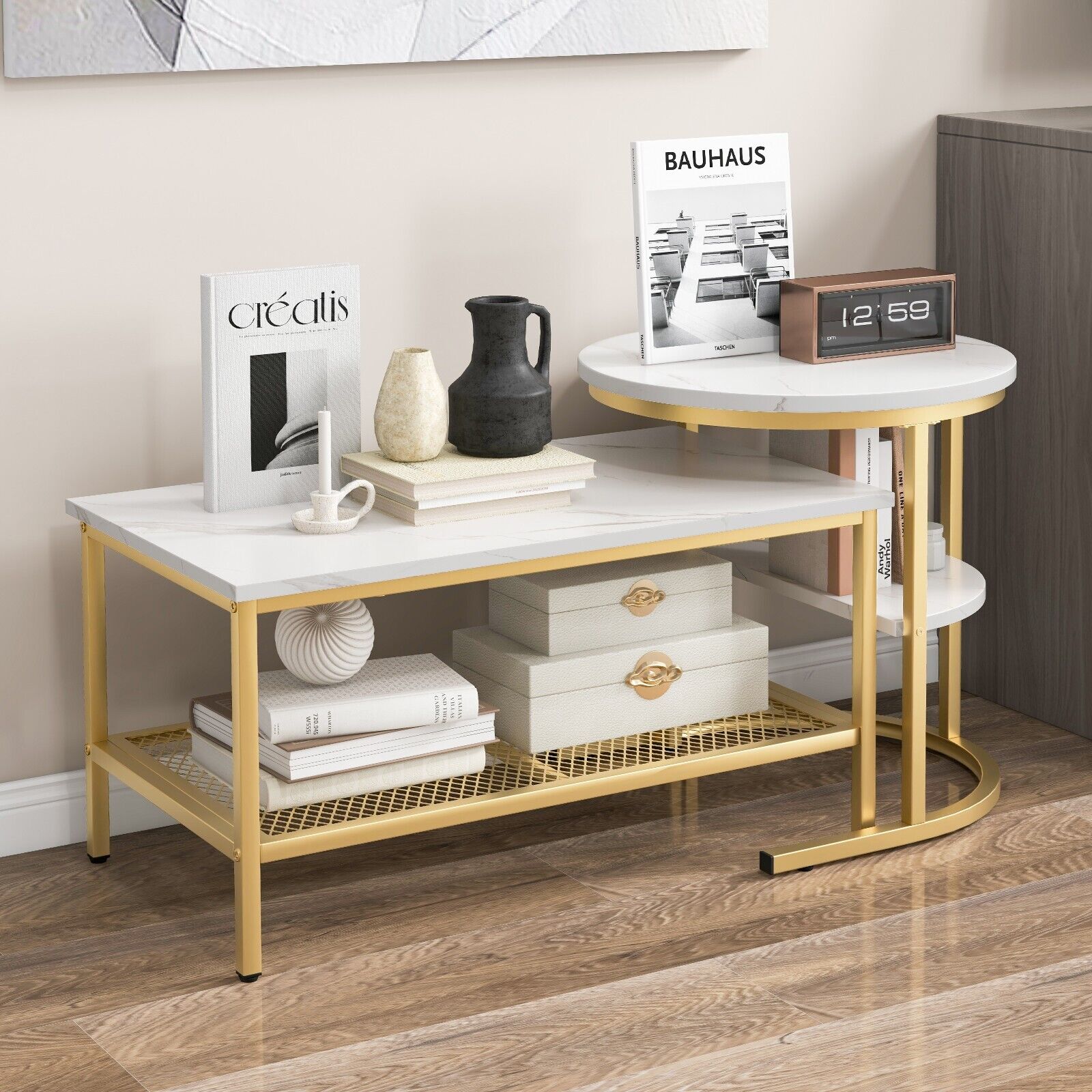 Set of 2 Gold Nesting Coffee Table 2-in-1 Detachable Faux Marble Top Table Set