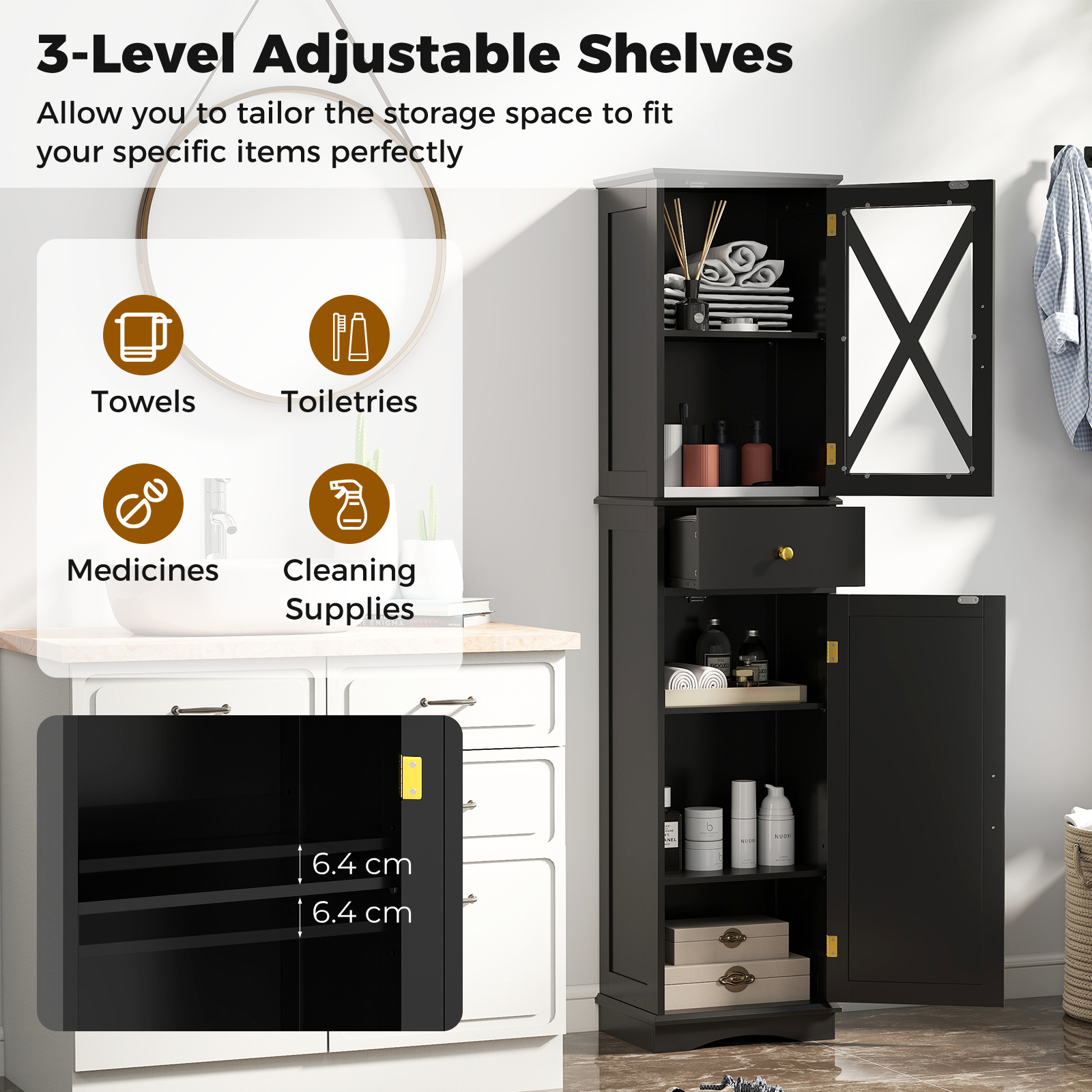 Tall Bathroom Storage Cabinet Floor Cabinet with Glass Door and Drawer Black