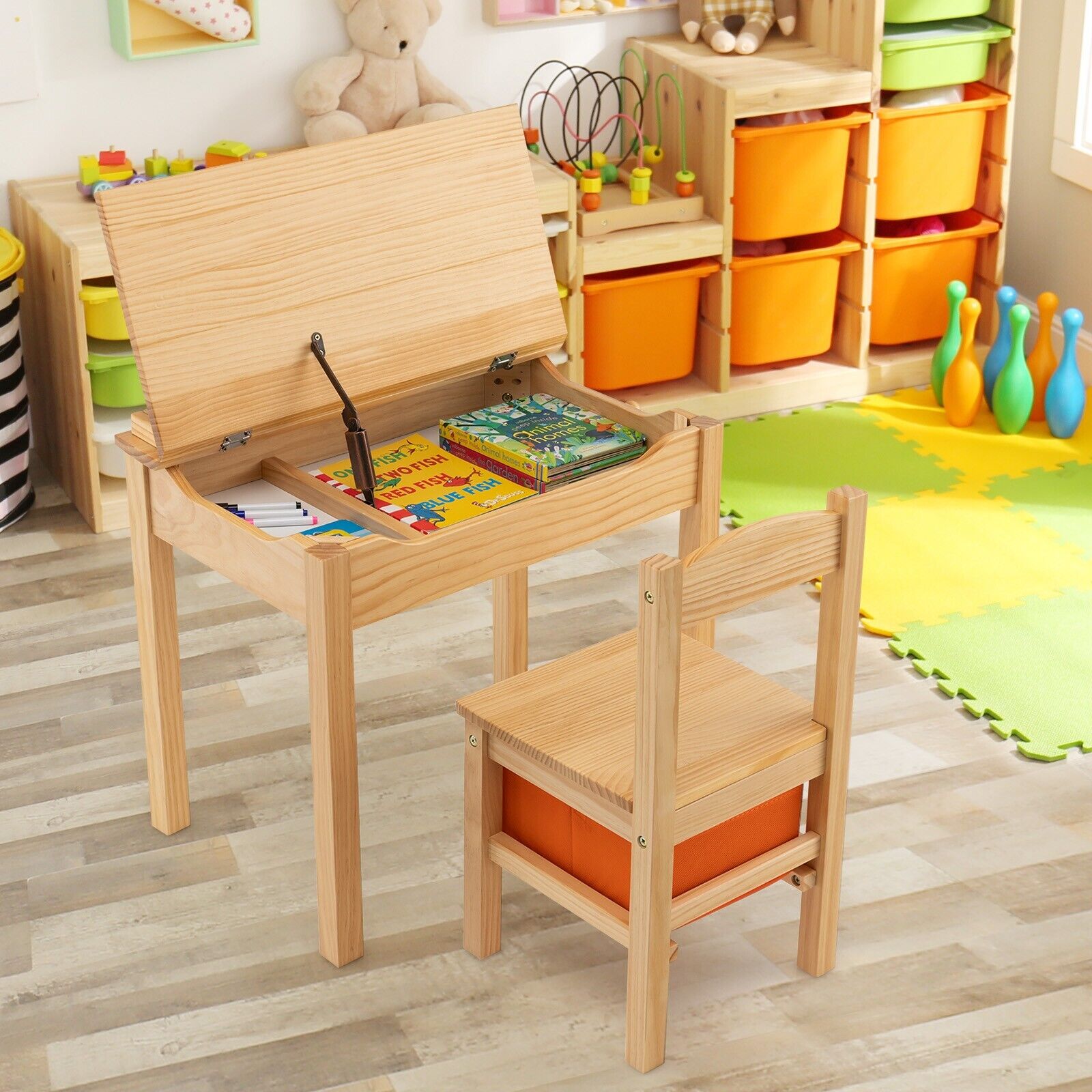 Kids Table and Chair Set Children Wooden Activity Table Set w/ Drawer & Flip Top