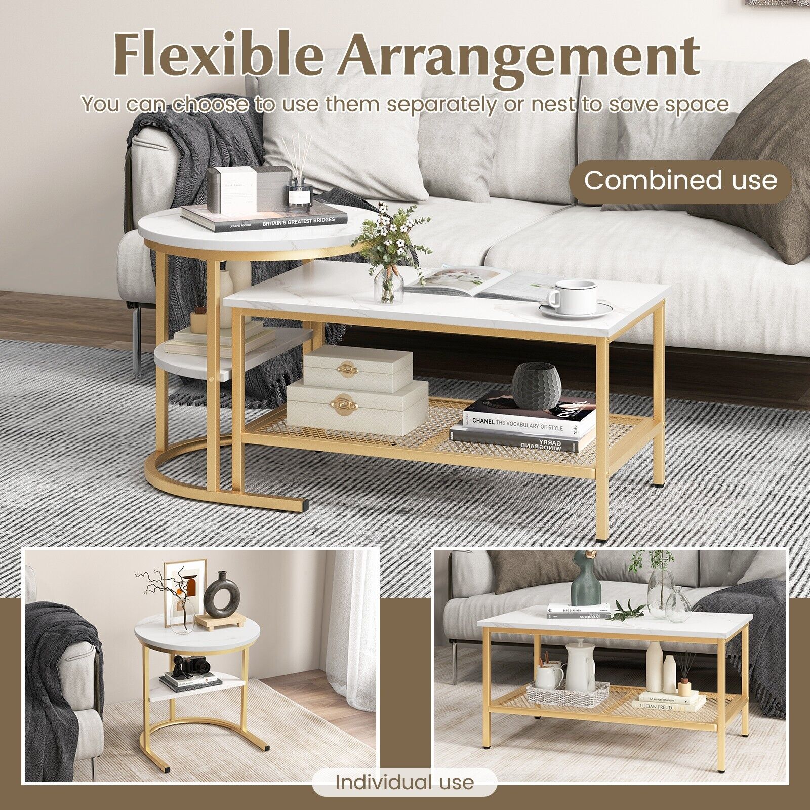 Set of 2 Gold Nesting Coffee Table 2-in-1 Detachable Faux Marble Top Table Set - Produktbild 6