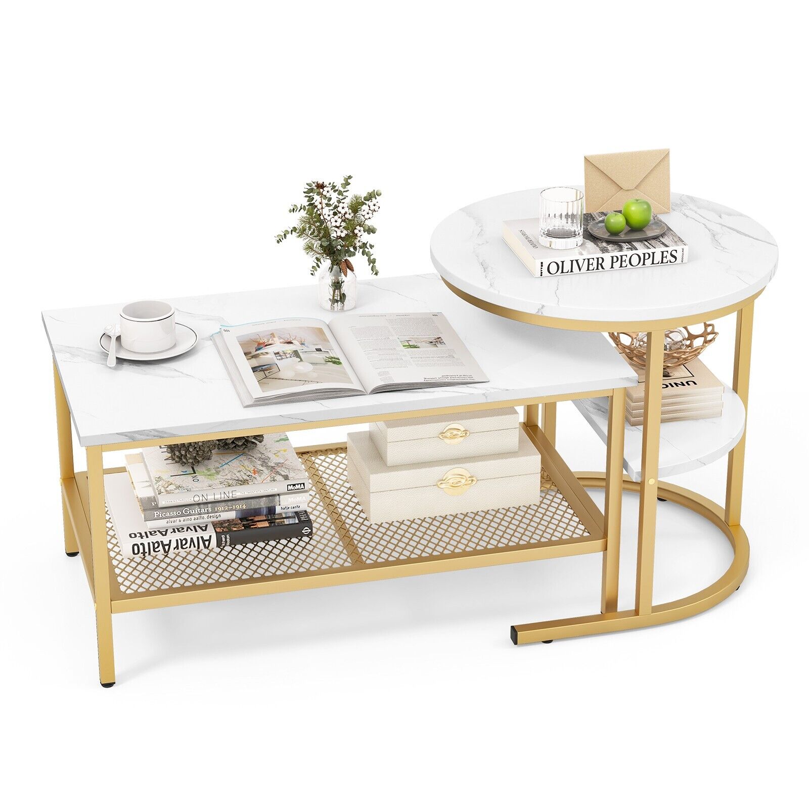 Set of 2 Gold Nesting Coffee Table 2-in-1 Detachable Faux Marble Top Table Set - Produktbild 2