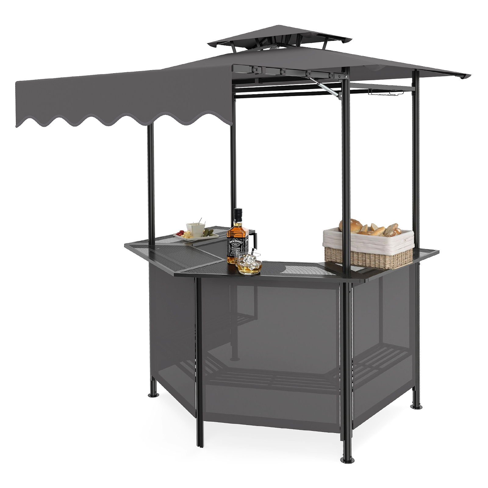 Outdoor Grill Gazebo w/4 Slatted Metal Shelves, 6 Hanging Hooks & Glass Holders