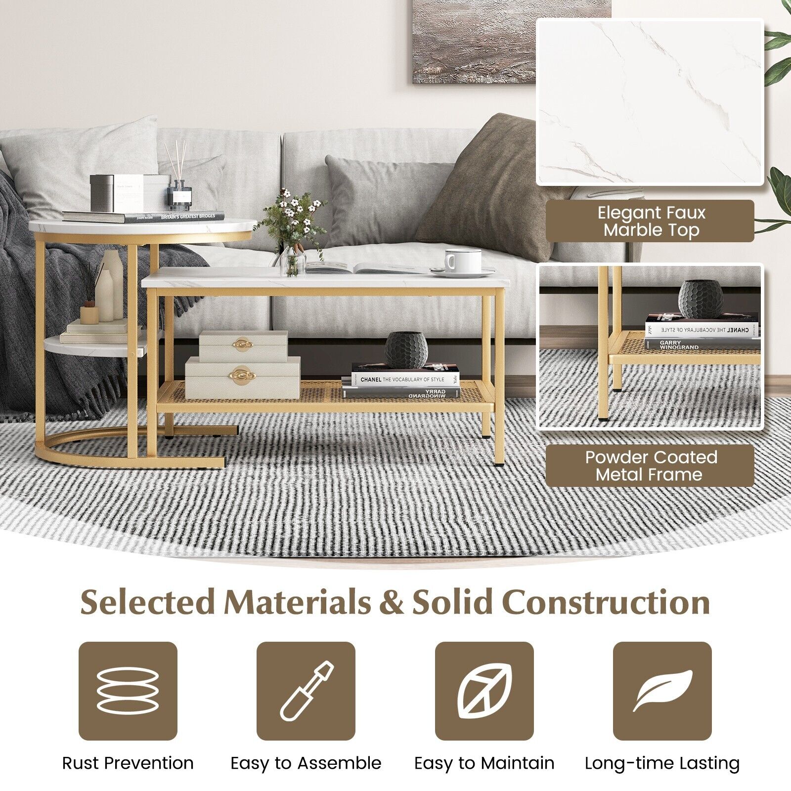 Set of 2 Gold Nesting Coffee Table 2-in-1 Detachable Faux Marble Top Table Set - Produktbild 7