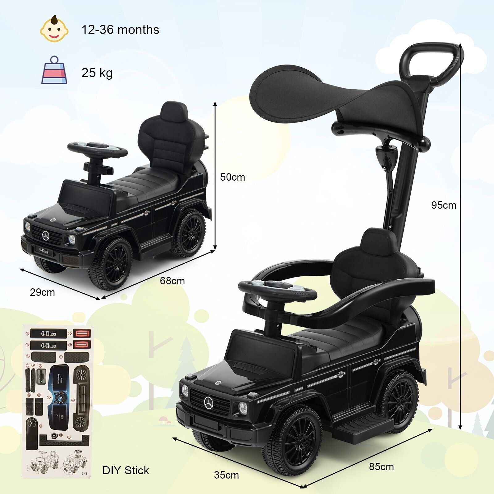 3-in-1 Licensed Mercedes Benz Ride-on Push Car Kids Sliding Walker W/Push Handle