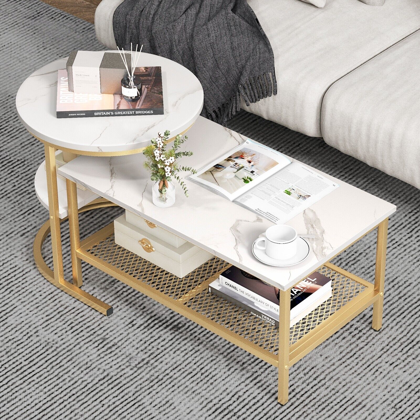 Set of 2 Gold Nesting Coffee Table 2-in-1 Detachable Faux Marble Top Table Set