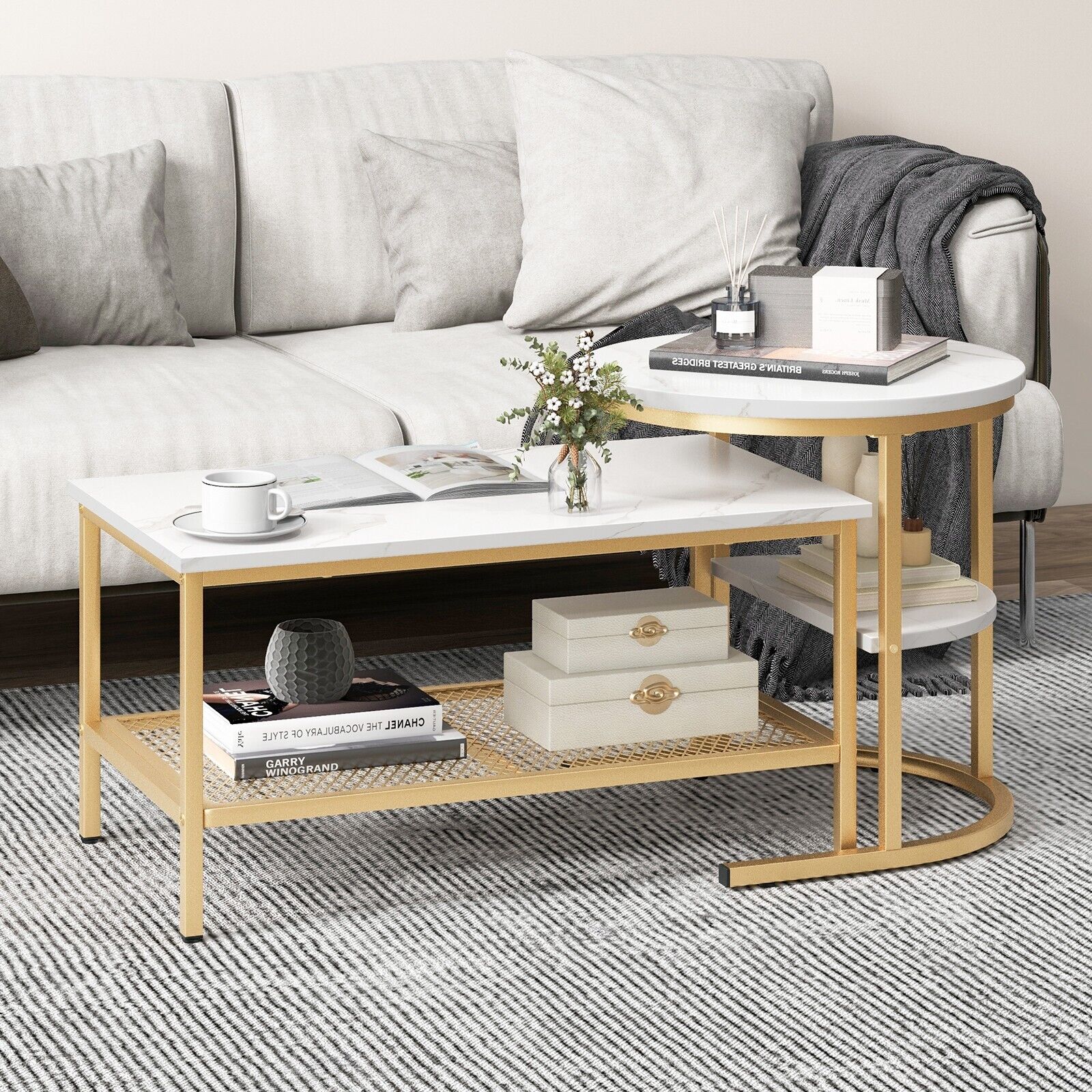 Set of 2 Gold Nesting Coffee Table 2-in-1 Detachable Faux Marble Top Table Set - Produktbild 4