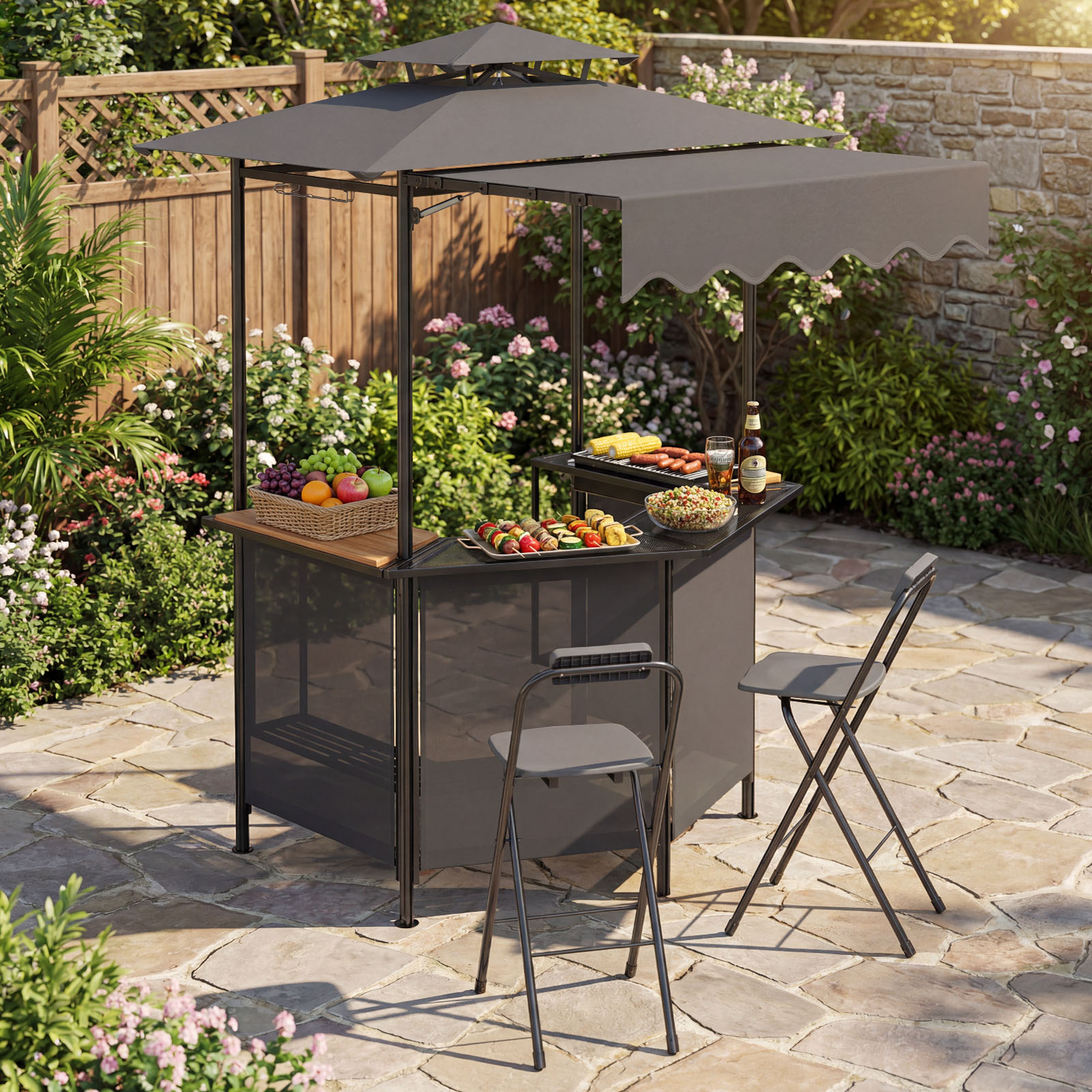 Outdoor Grill Gazebo w/4 Slatted Metal Shelves, 6 Hanging Hooks & Glass Holders