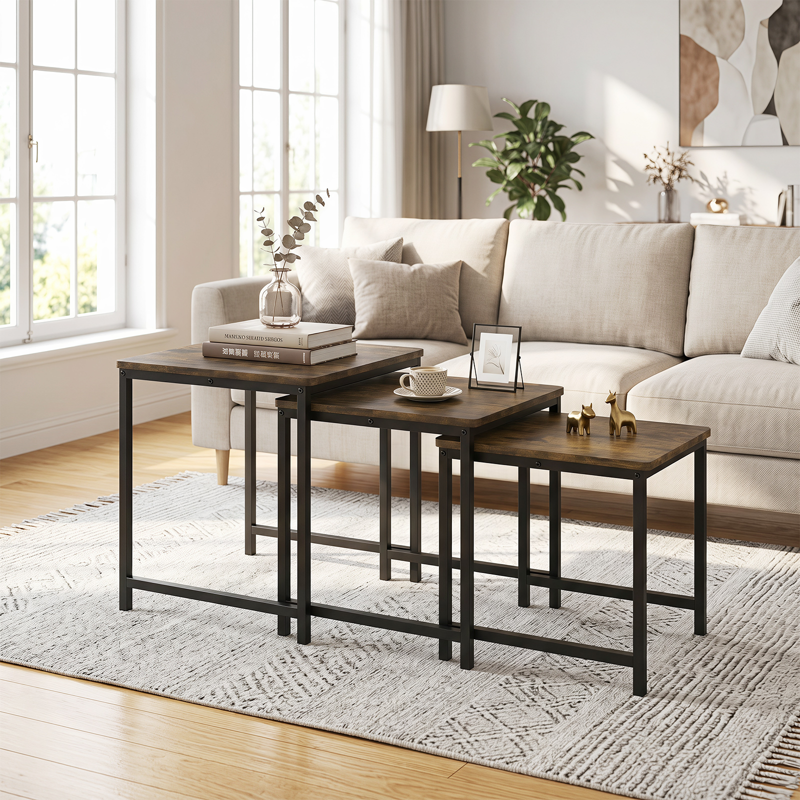 3PCS Nesting Table, Side Tables w/Metal Frame, Space-Saving Stacking End Table
