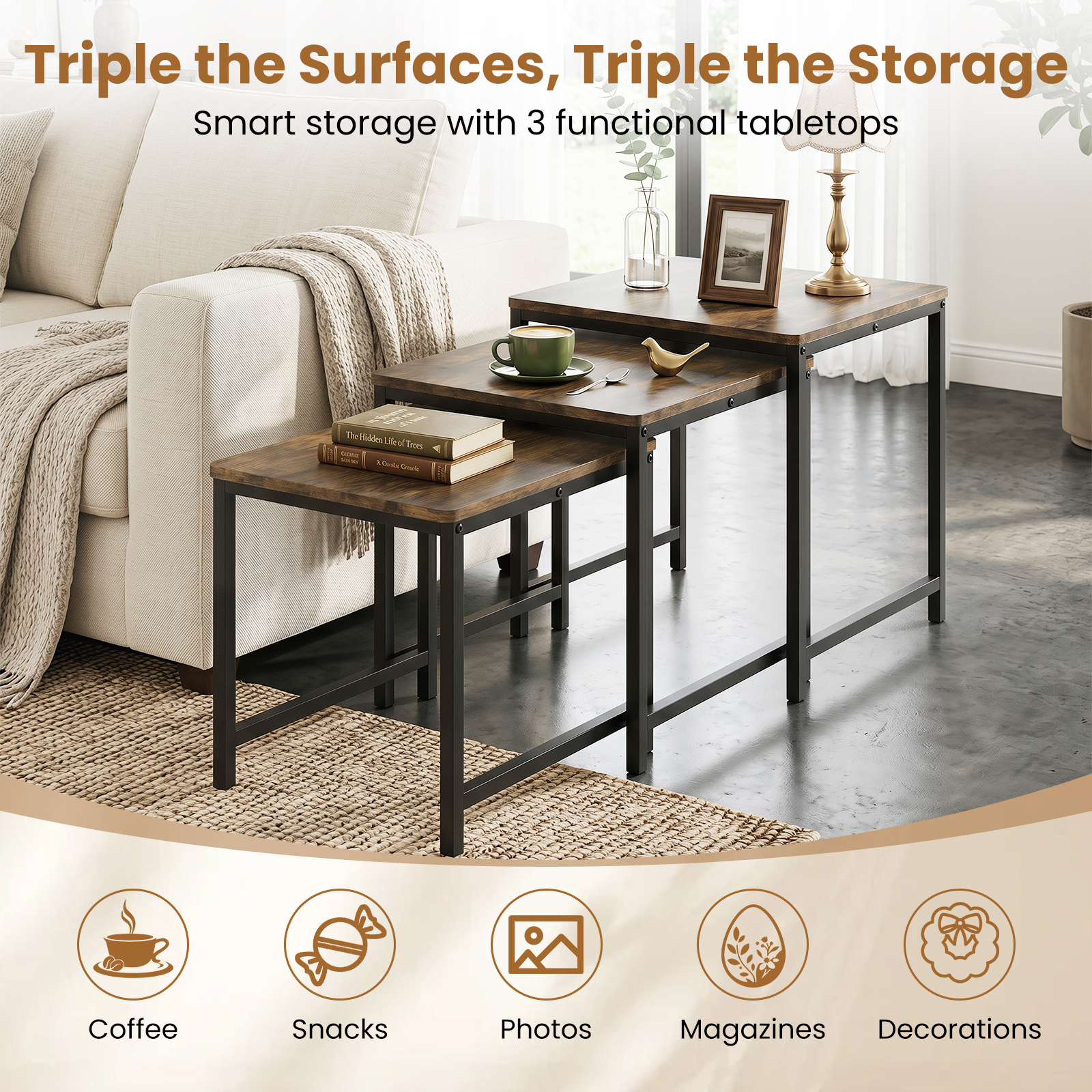 3PCS Nesting Table, Side Tables w/Metal Frame, Space-Saving Stacking End Table