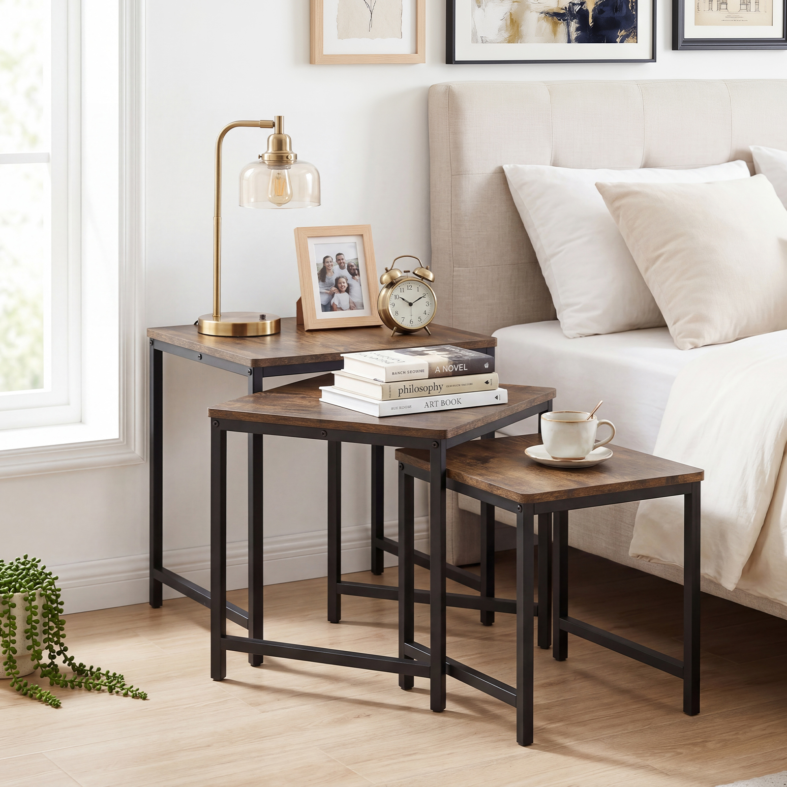 3PCS Nesting Table, Side Tables w/Metal Frame, Space-Saving Stacking End Table