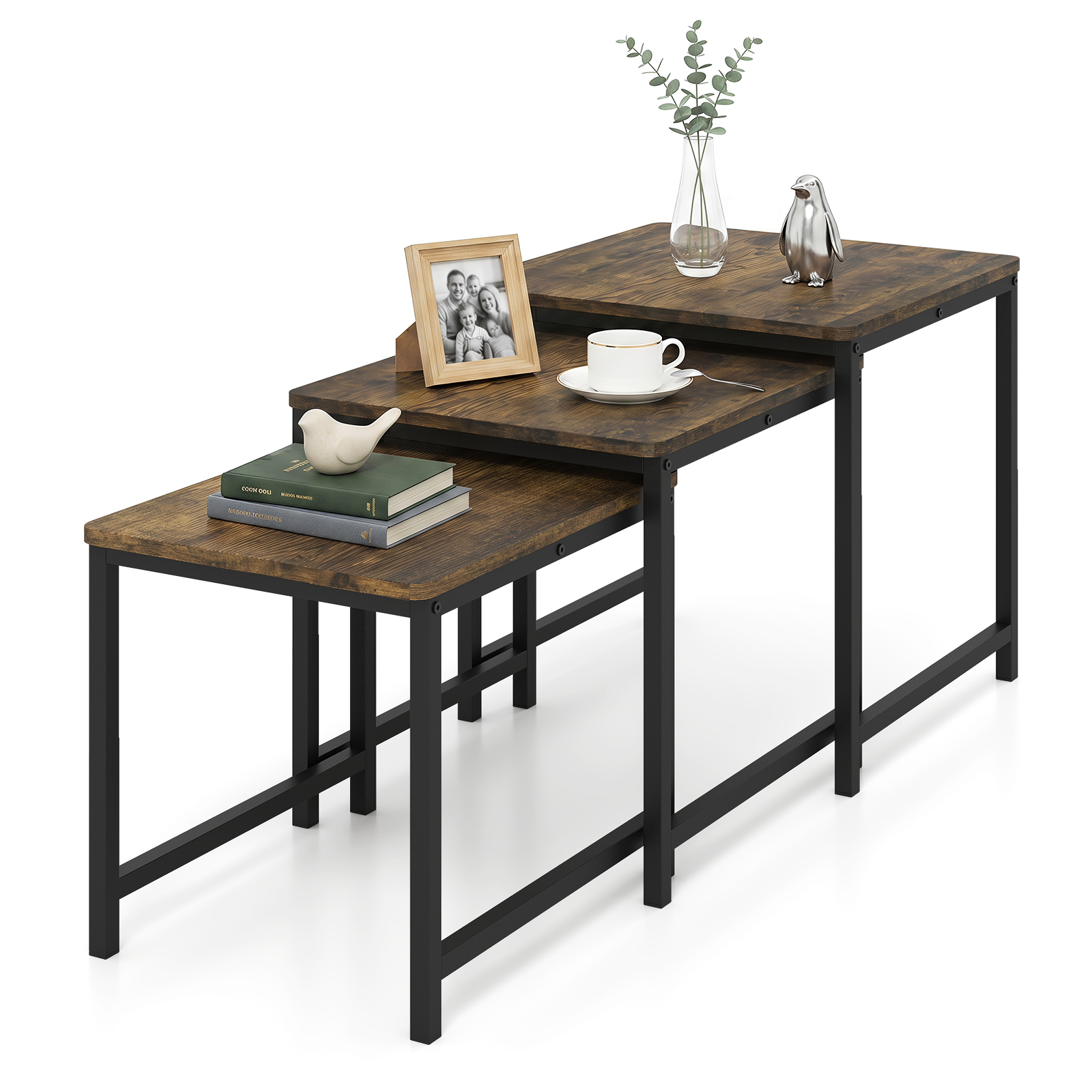 3PCS Nesting Table, Side Tables w/Metal Frame, Space-Saving Stacking End Table