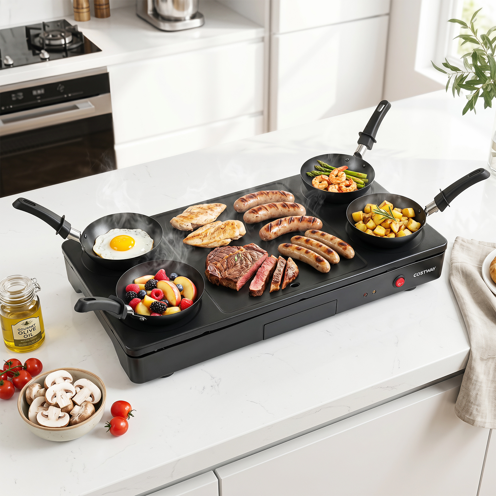 1000W Electric Grill Griddle with 4 Nonstick Woks and Wooden Spatulas, 2 Tongs