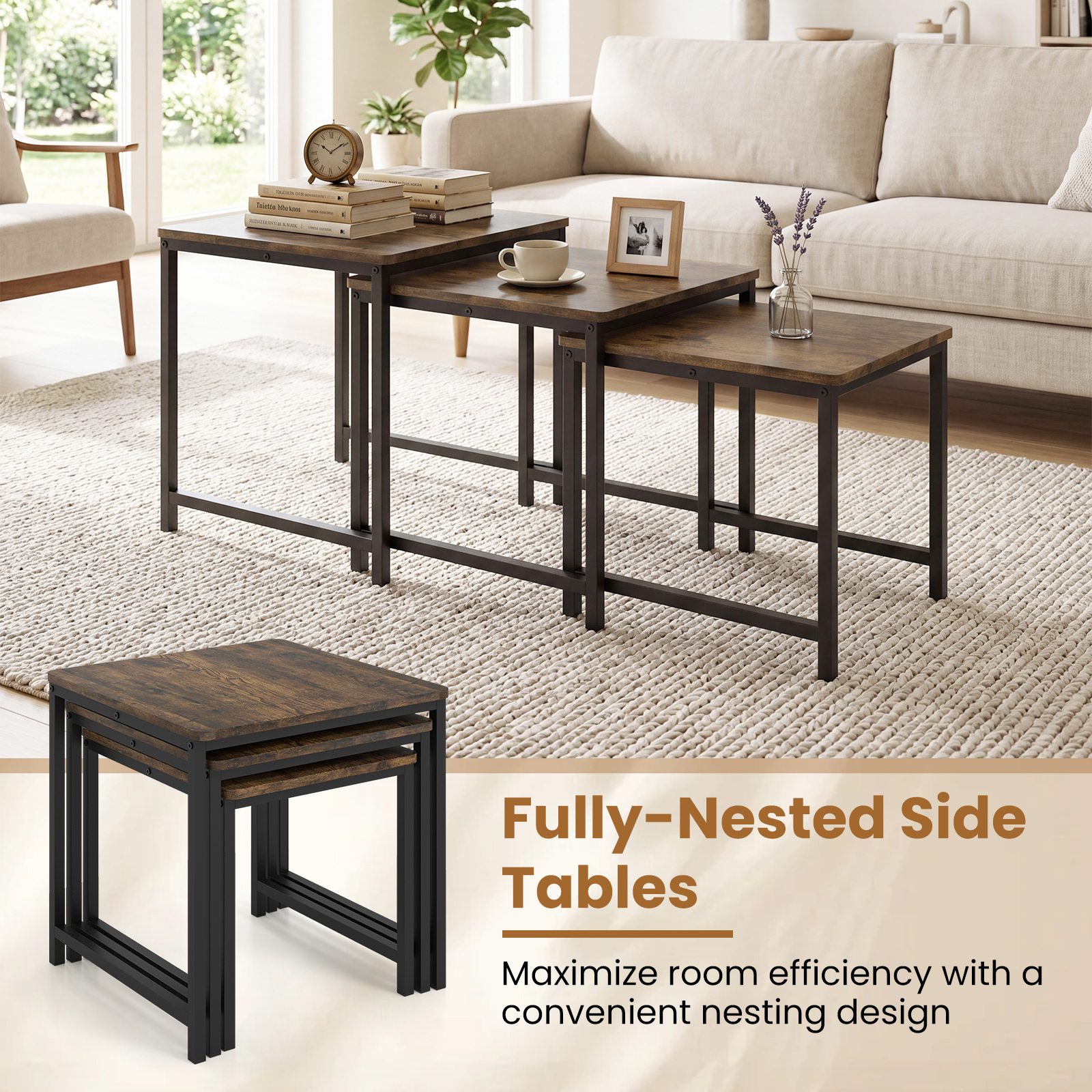 3PCS Nesting Table, Side Tables w/Metal Frame, Space-Saving Stacking End Table
