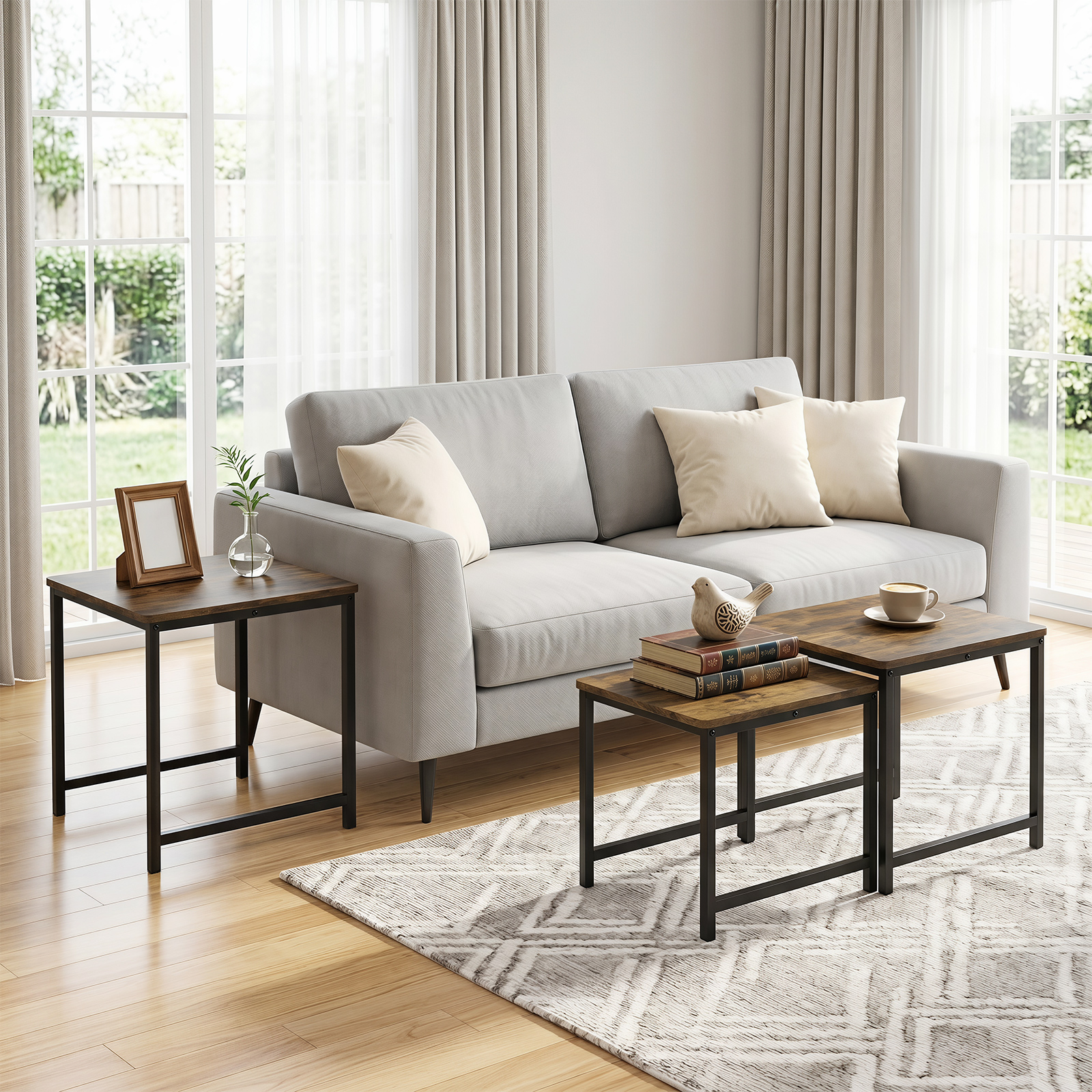 3PCS Nesting Table, Side Tables w/Metal Frame, Space-Saving Stacking End Table