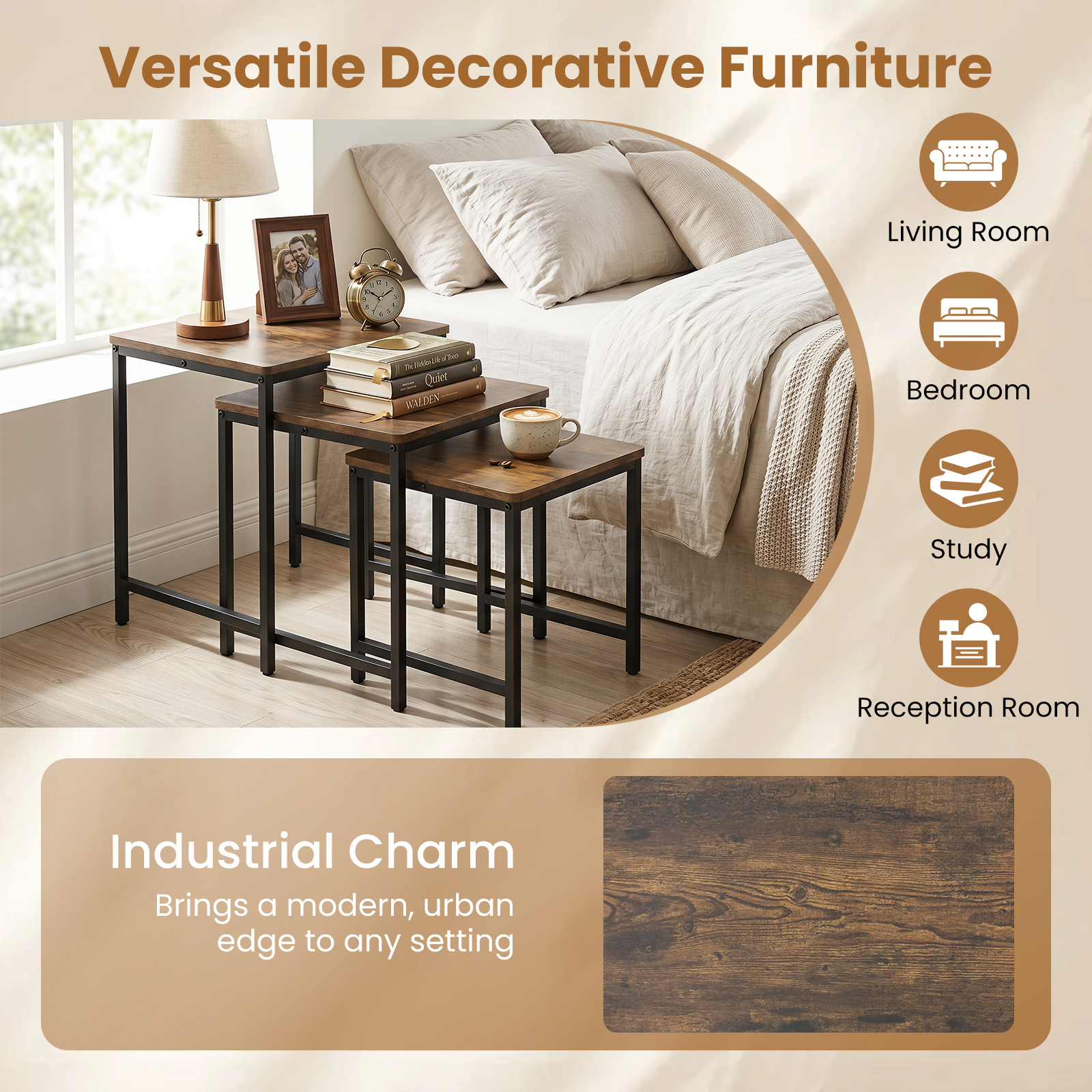 3PCS Nesting Table, Side Tables w/Metal Frame, Space-Saving Stacking End Table