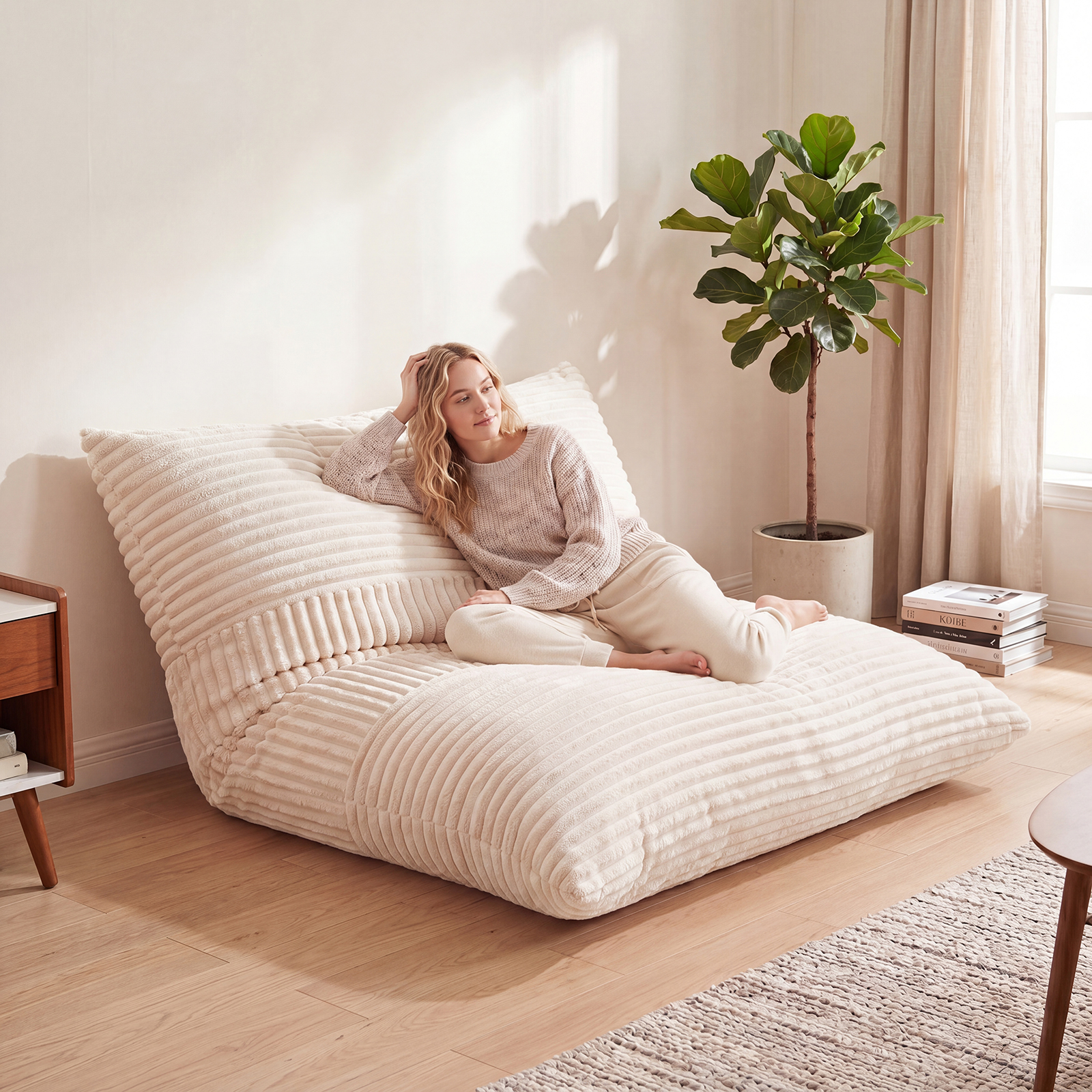 3-in-1 Bean Bag Chair with Soft Crushed Sponge Comfy Corduroy Fabric Zippered