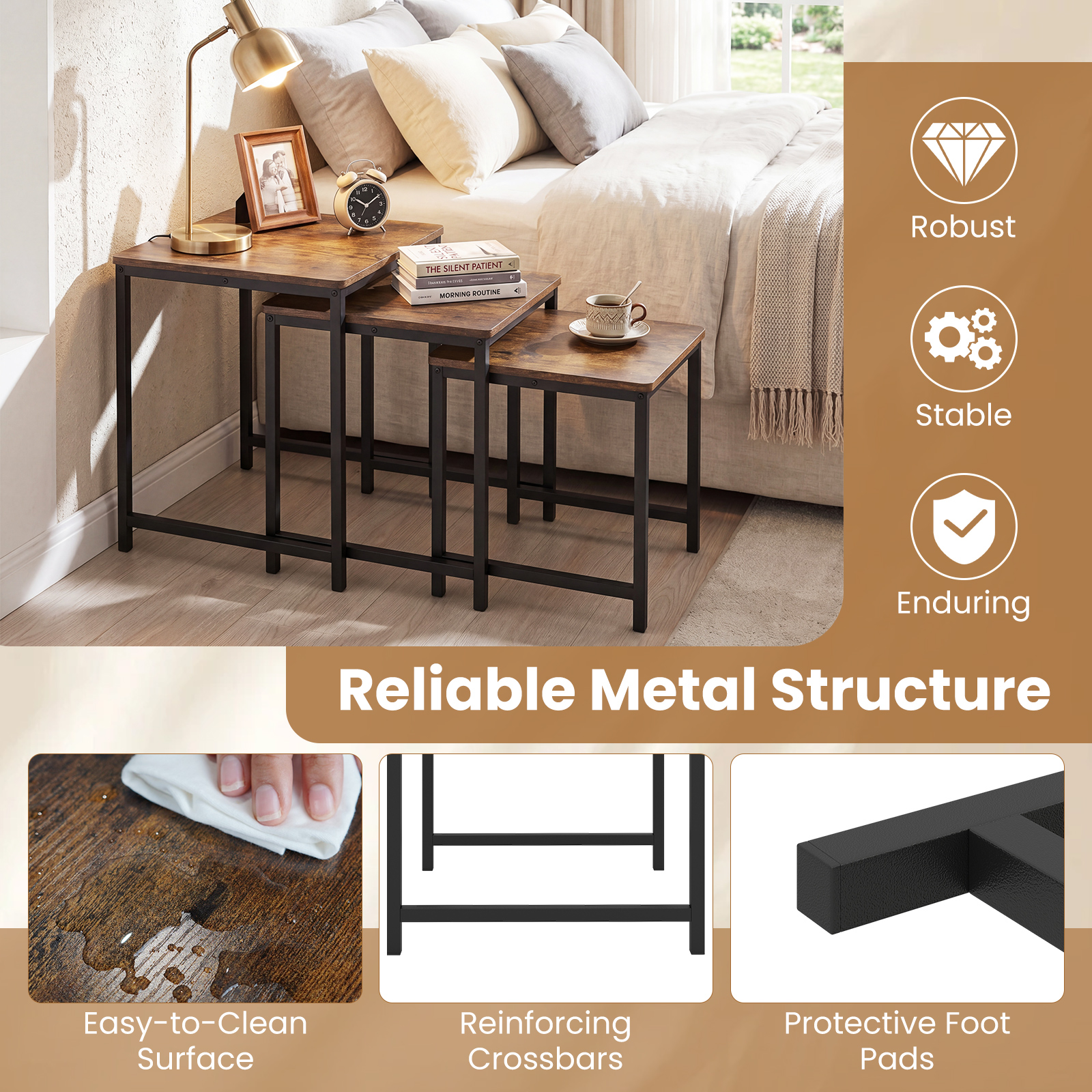 3PCS Nesting Table, Side Tables w/Metal Frame, Space-Saving Stacking End Table