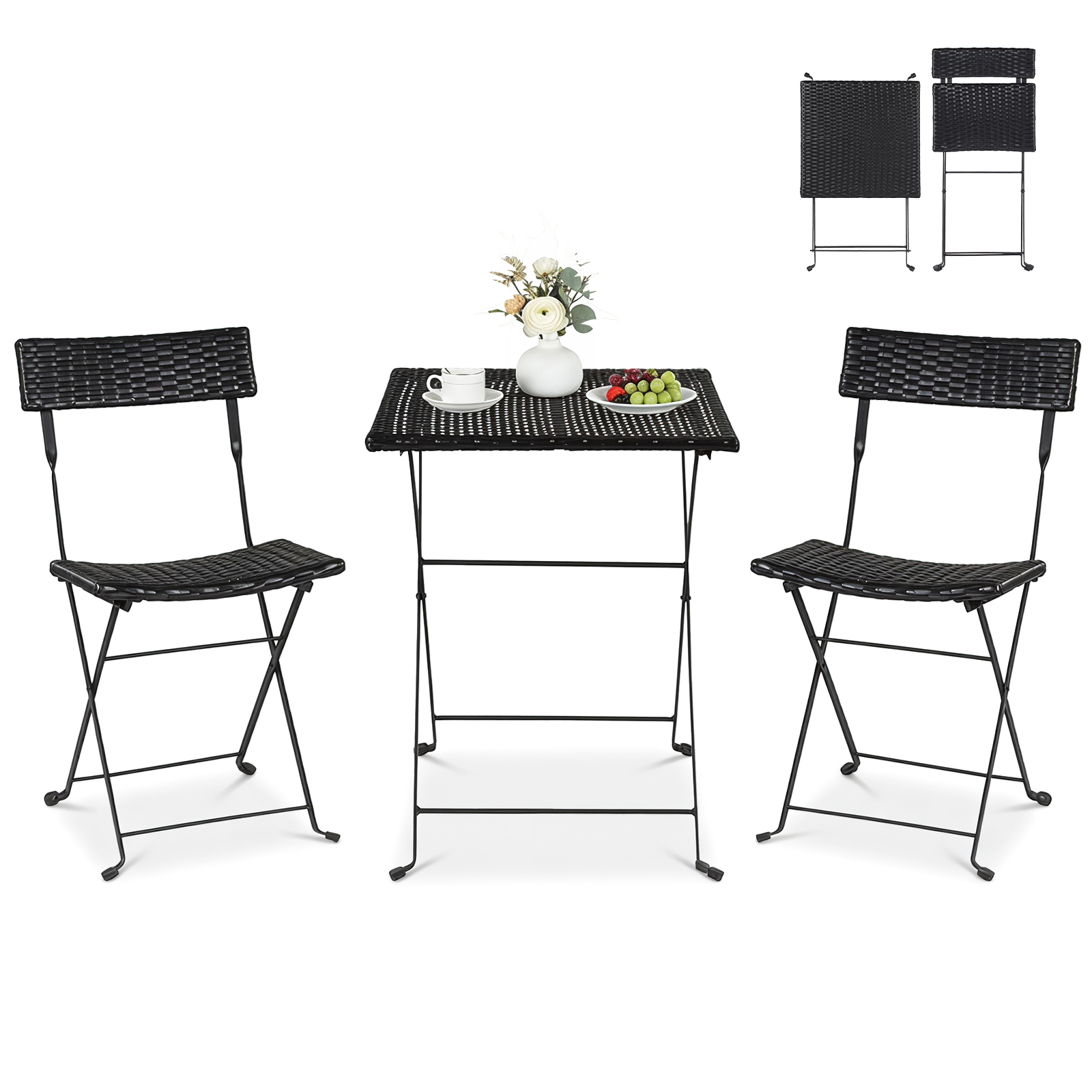 3-Piece Folding Bistro Set Patio Coffee Table & Chairs Set w/Premium PE Wicker