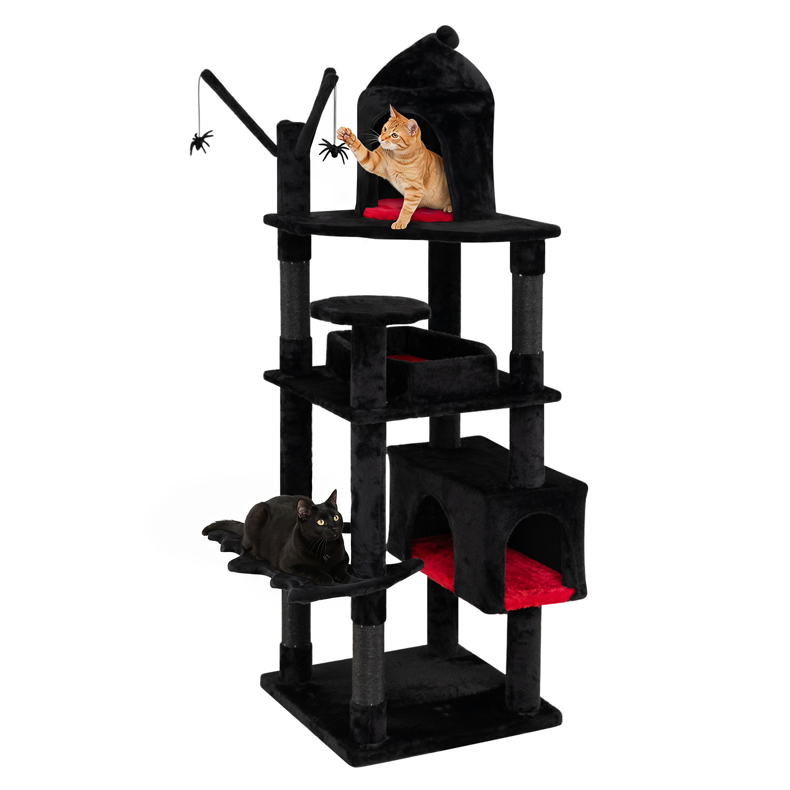 Gothic Cat Tree 70″ Cat Tower w Castle House Coffin Bed Spider Hanging Balls