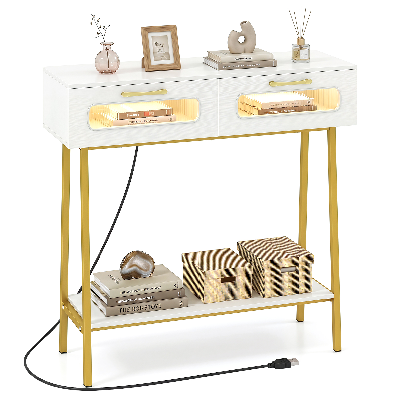 Console Table w/LED Lights Narrow Entryway Table w/2 Storage Drawer Open Shelf