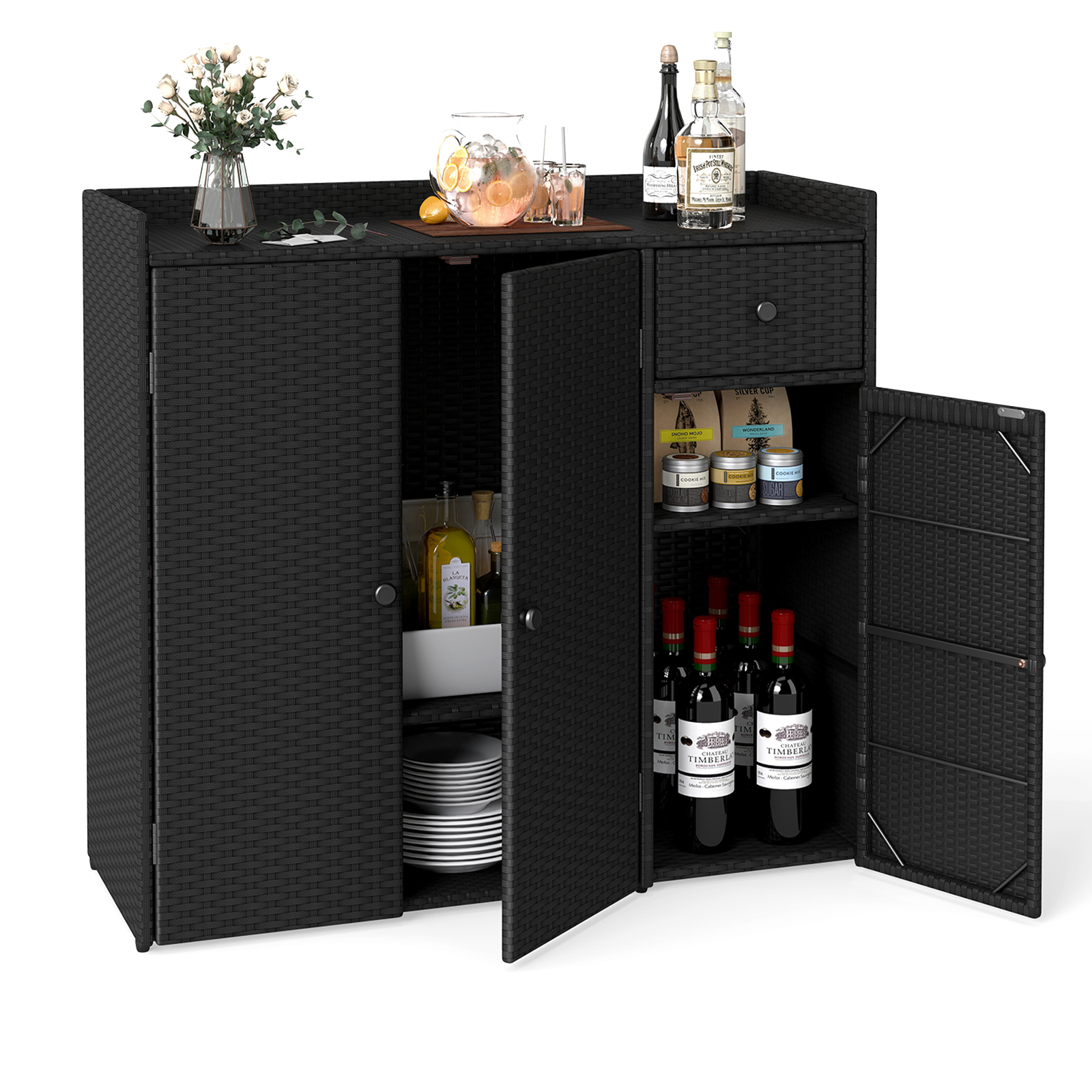 Outdoor PE Wicker Storage Cabinet with 3 Doors, Adjustable Shelves and Drawer