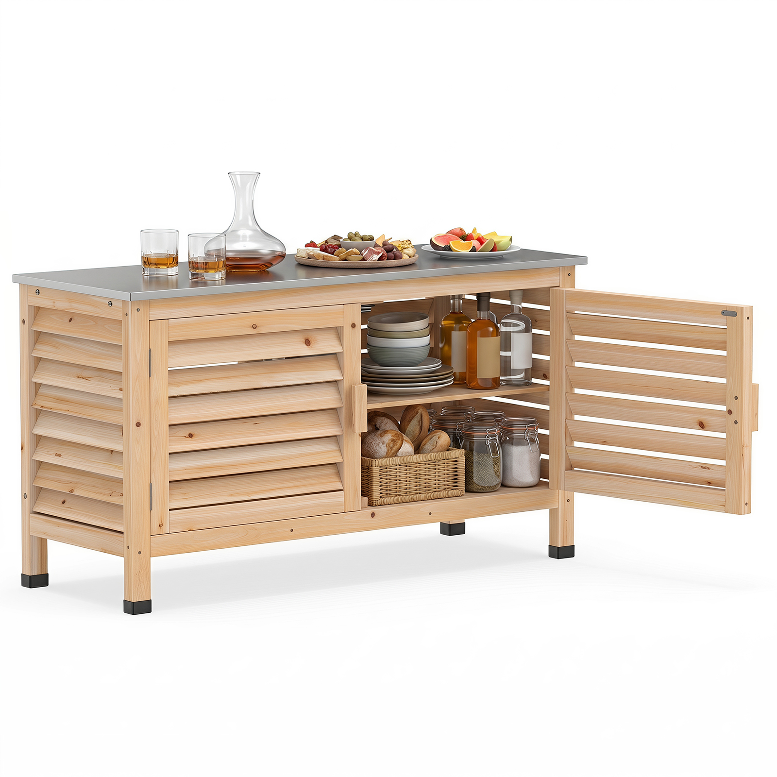 2-Door Potting Table w/Stainless Steel Countertop Fir Wood Frame L-Shaped Shelf