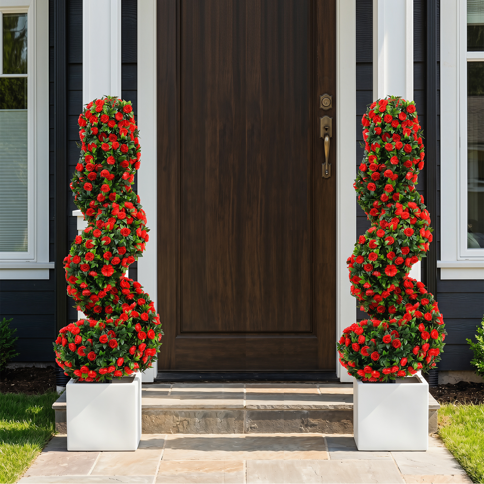 Artificial Spiral Topiary Trees Set of 2 w/ Sun Protection and Ground Spikes