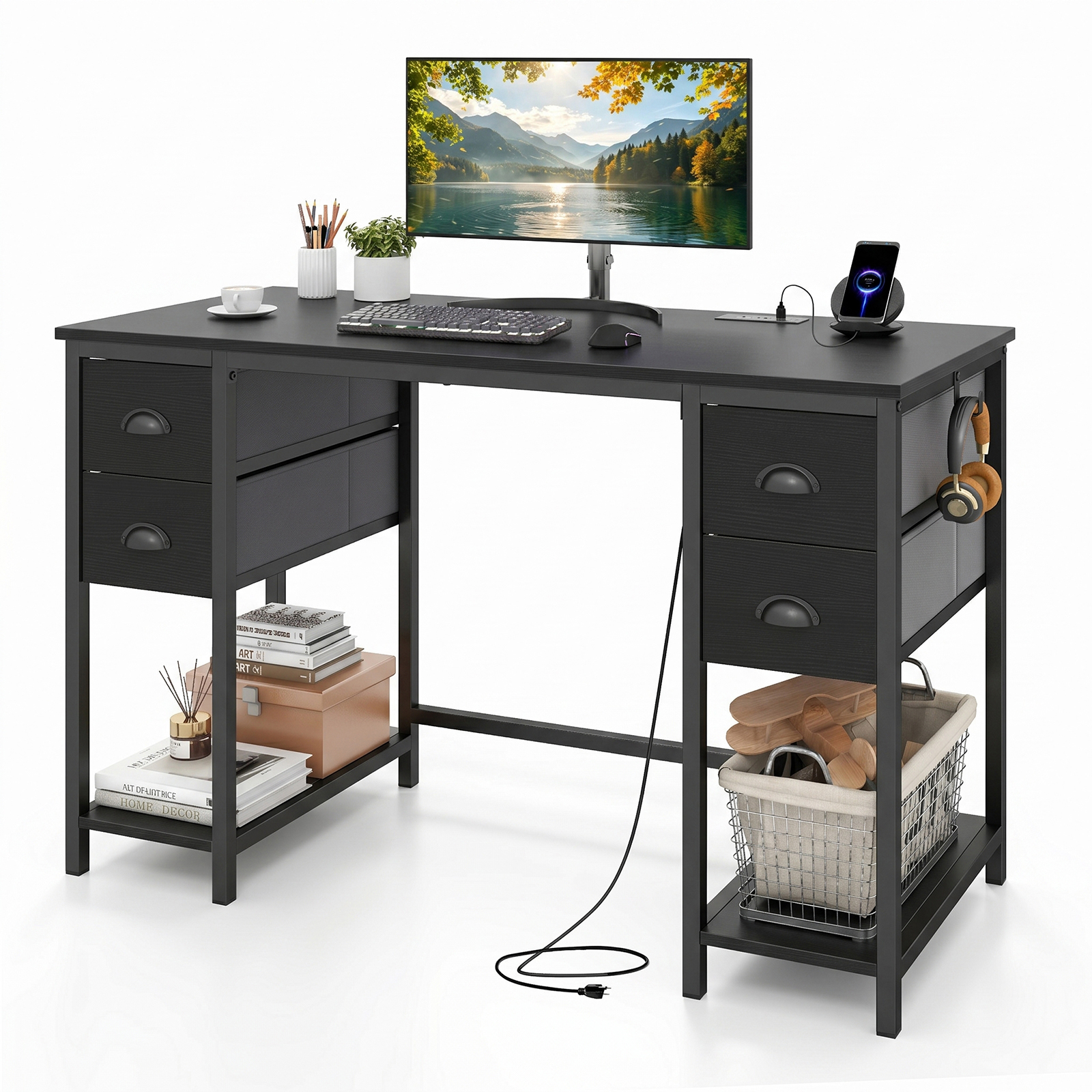 48” Computer Desk w/Power Outlet 4 Fabric Drawers Storage Shelves Headphone Hook