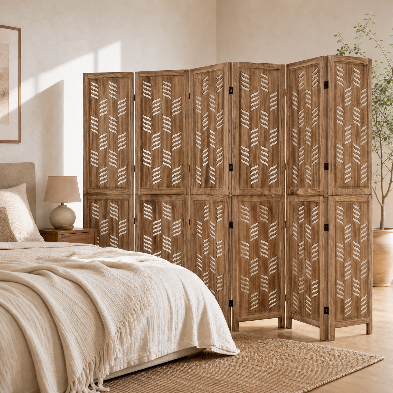 5.5 FT Tall Room Divider w/Paulownia Wood Frame and 2-Way Hinges for Living Room