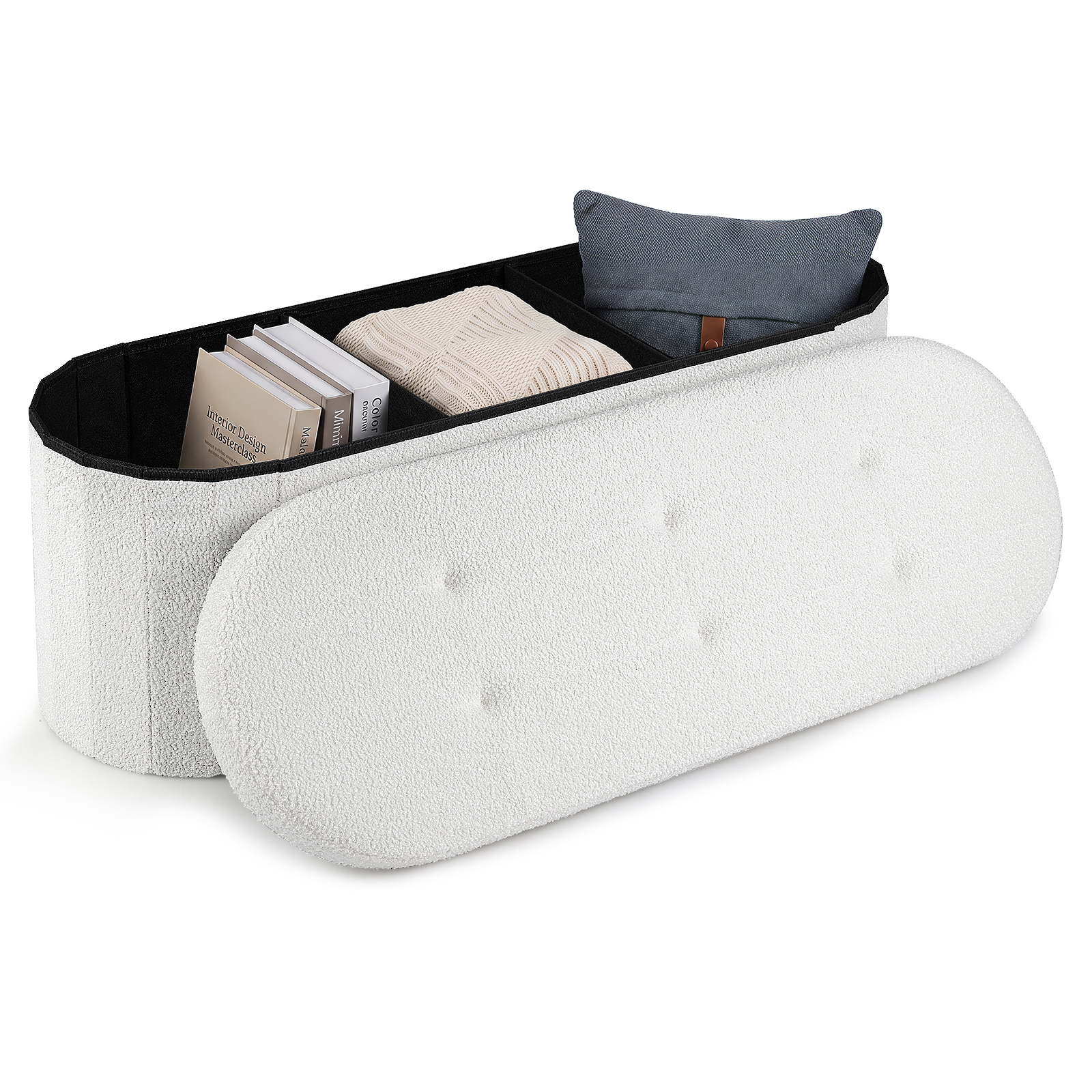 Storage Ottoman Bench 43” Oval Ottoman w/Dividers Folding Teddy Boucle Footrest
