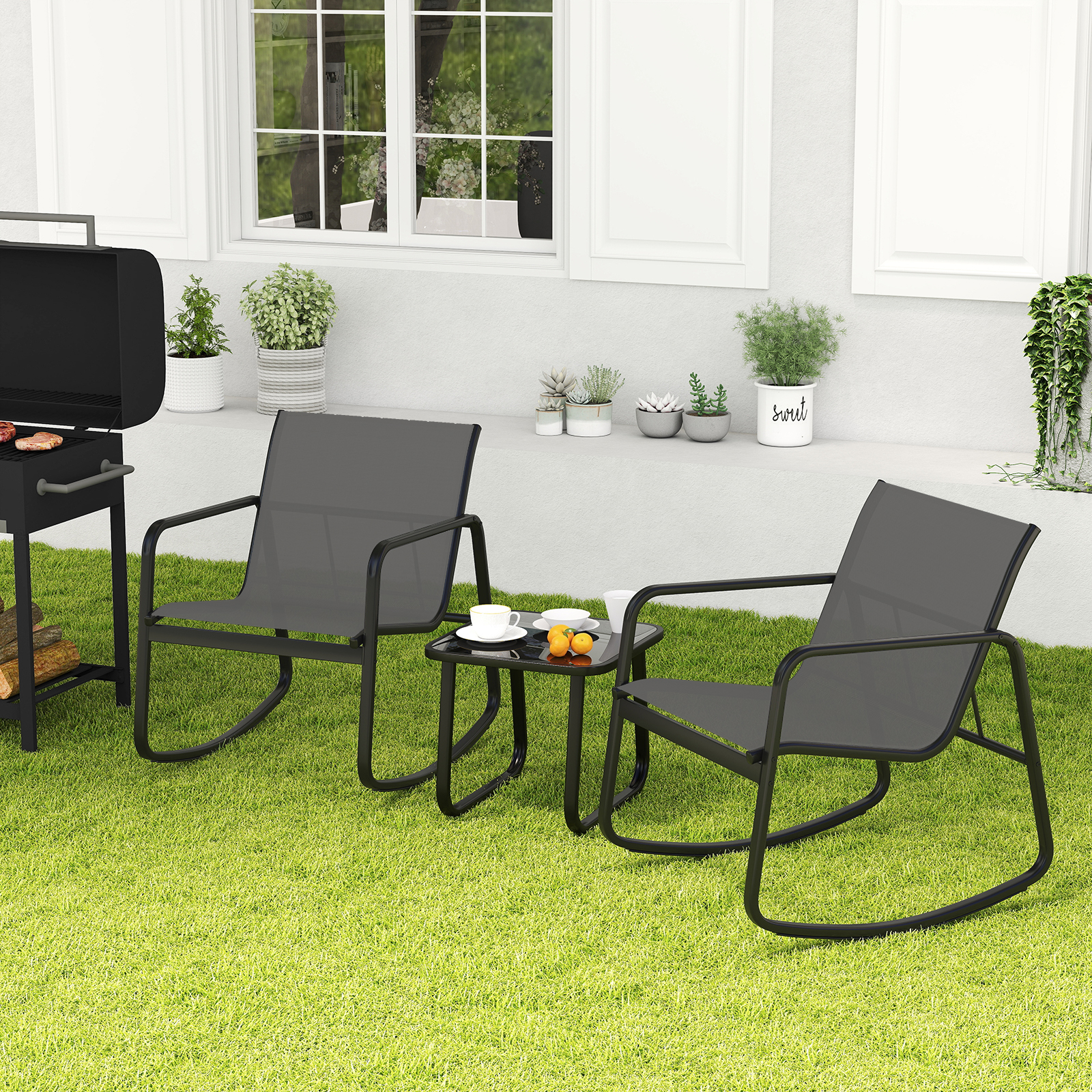 3 Piece Patio Rocking Set 2 Rocking Bistro Chairs and Glass-Top Table for Porch