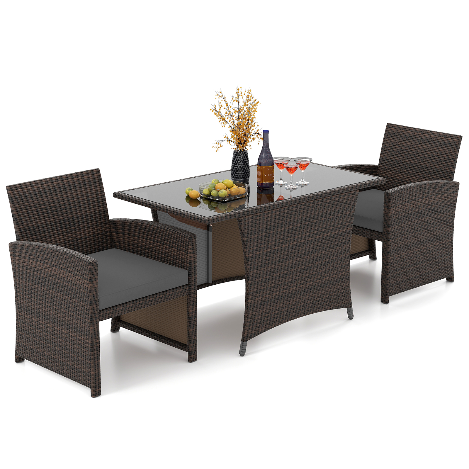 3 Pieces Wicker Bistro Set Balcony Furniture Set w/ Tempered Glass Dining Table