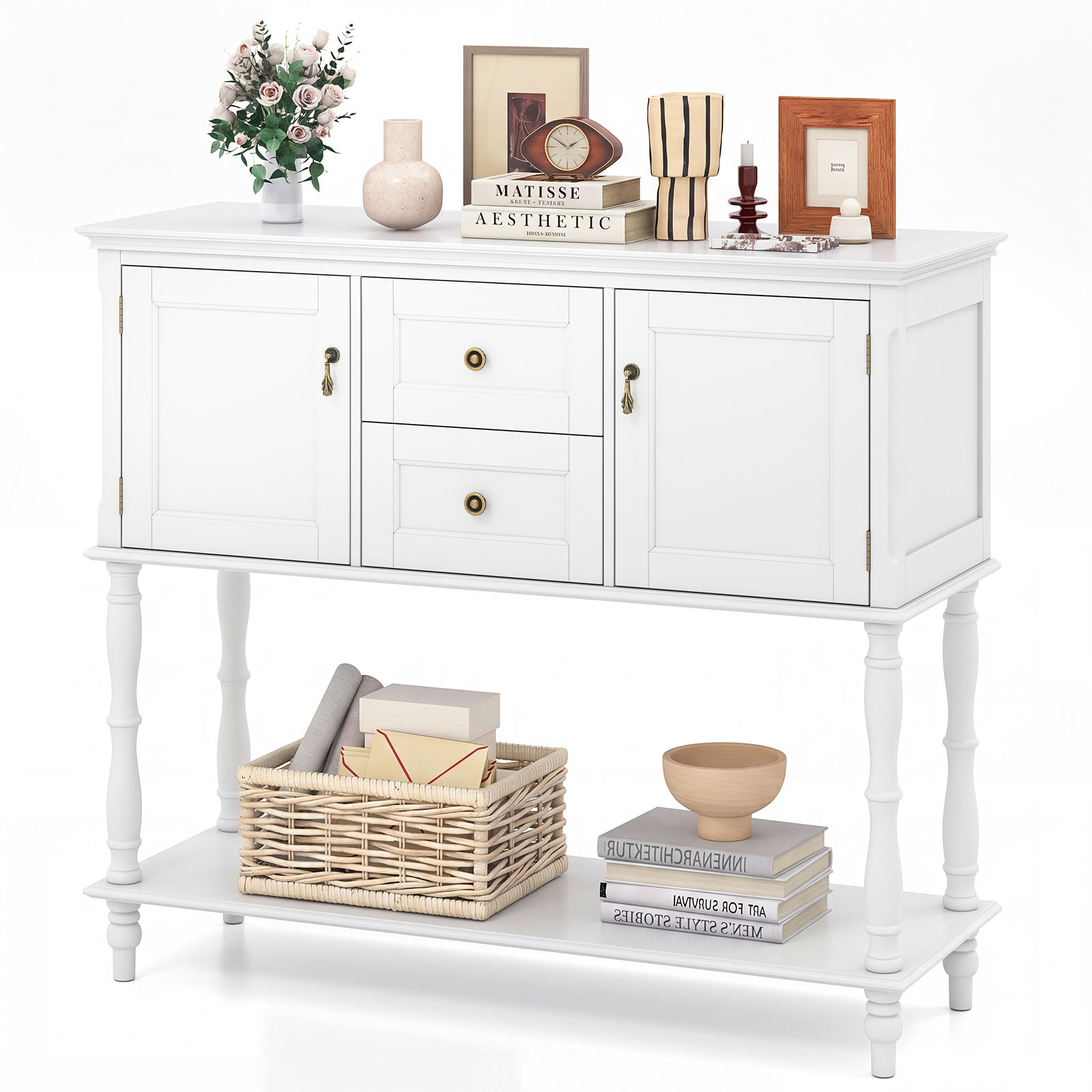 Console Table w/2 Drawers & 2 Door Cabinets, Open Storage Shelf for Living Room