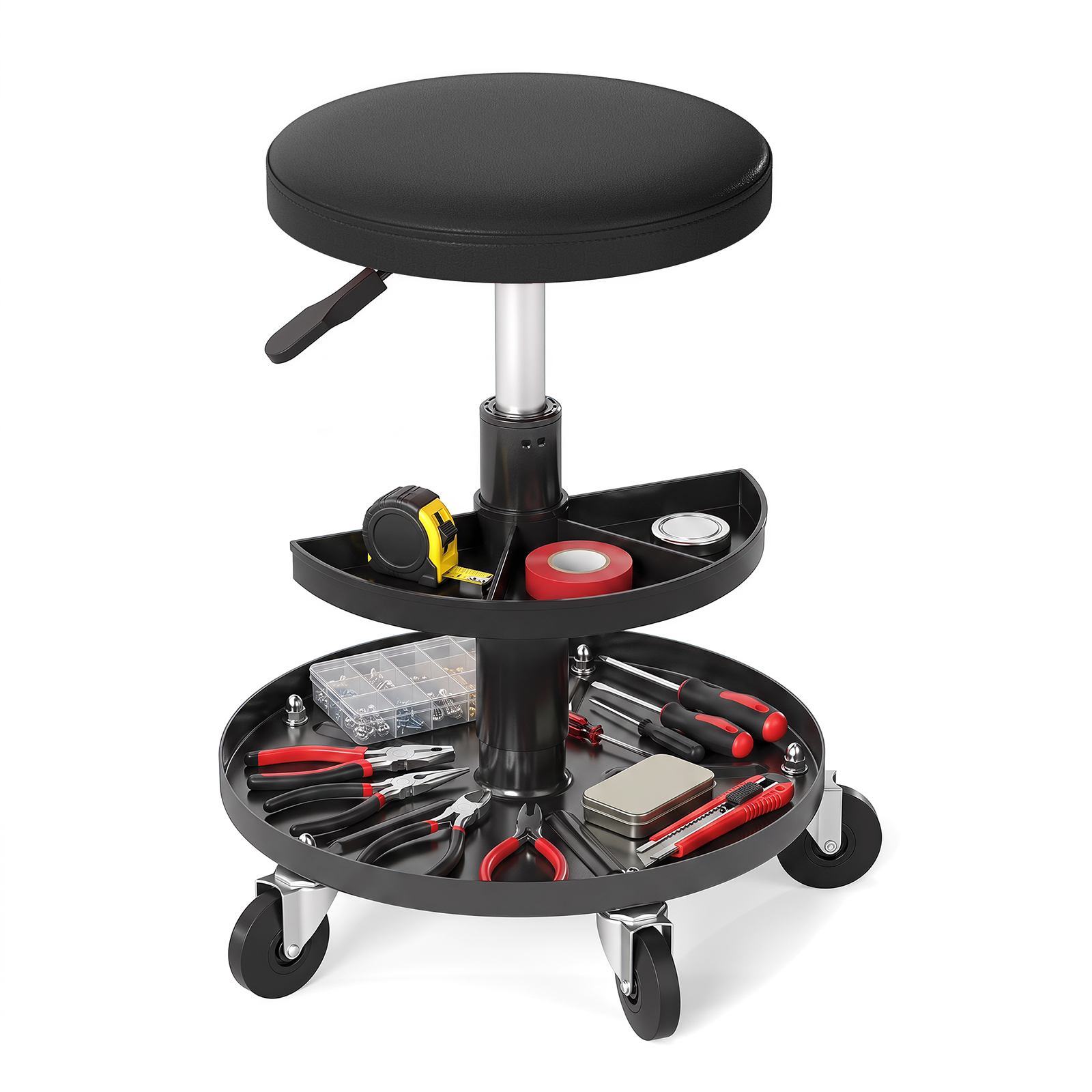 16.5″-22″ Rolling Mechanic Stool with Wheels, 2-Tier Tool Trays, Padded Cushion