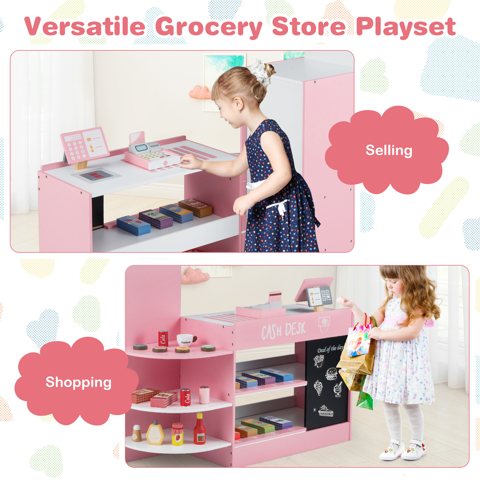 как выглядит Kids Grocery Store Playset Wooden Supermarket Play Toy Set w/ Cash Register фото