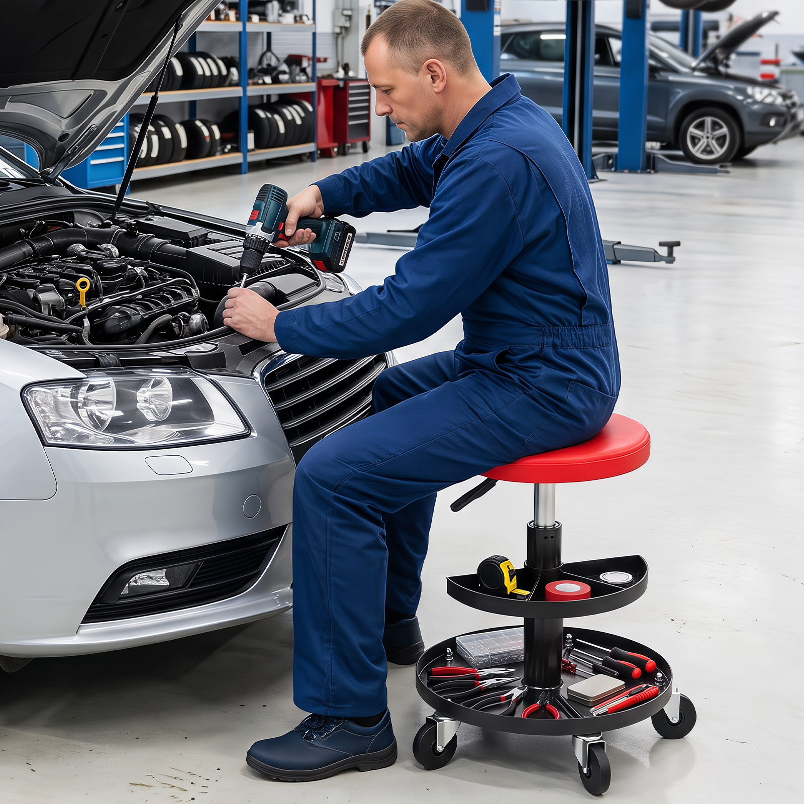 16.5″-22″ Rolling Mechanic Stool w/Wheels, 2-Tier Tool Trays, Padded Cushion