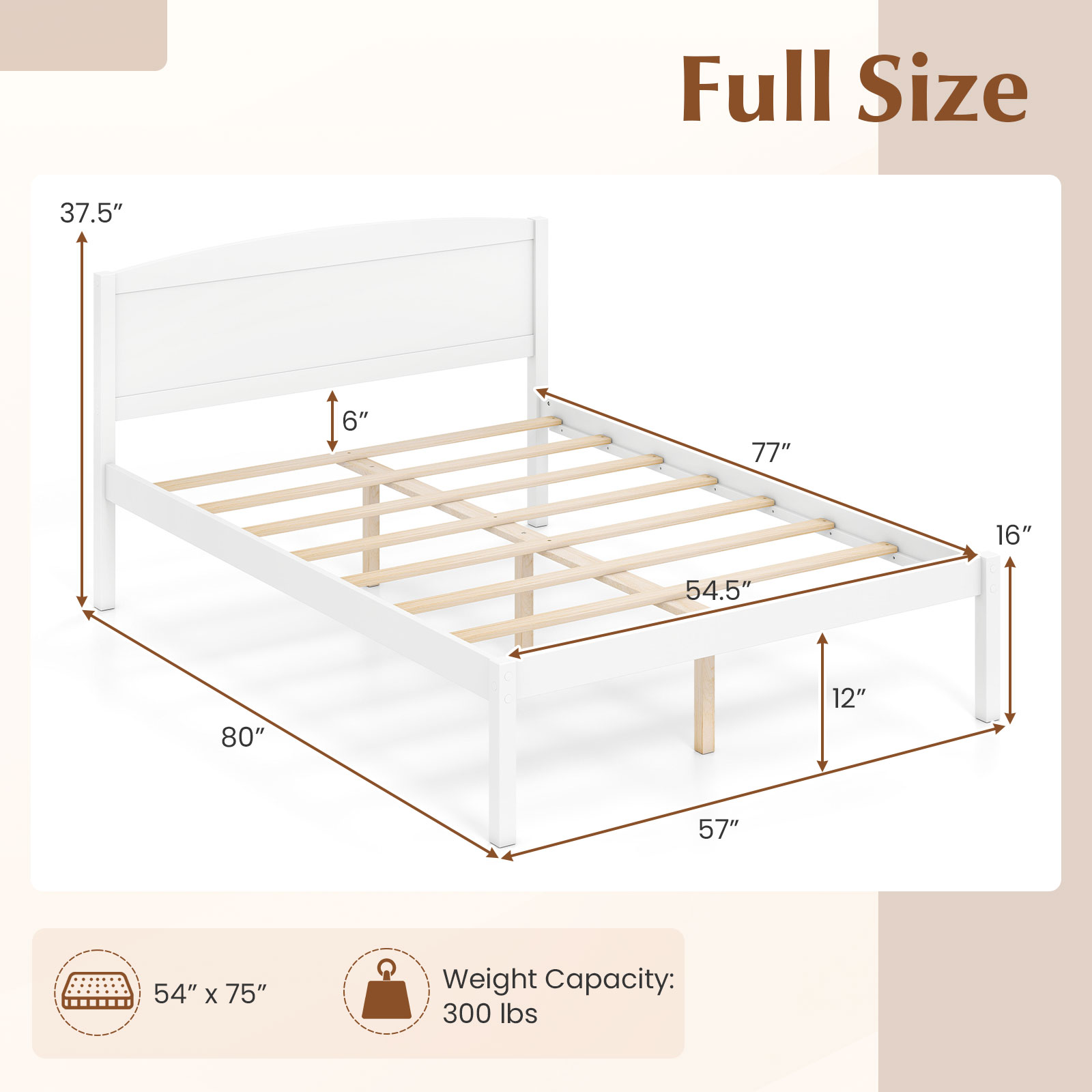 Full Size Wooden Platform Bed Frame w/Curved Headboard, Solid Pine Wood Legs detailed image 2