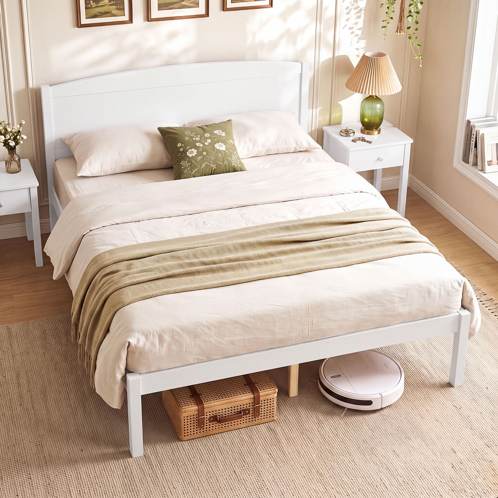 Full Size Wooden Platform Bed Frame w/Curved Headboard, Solid Pine Wood Legs detailed image 4