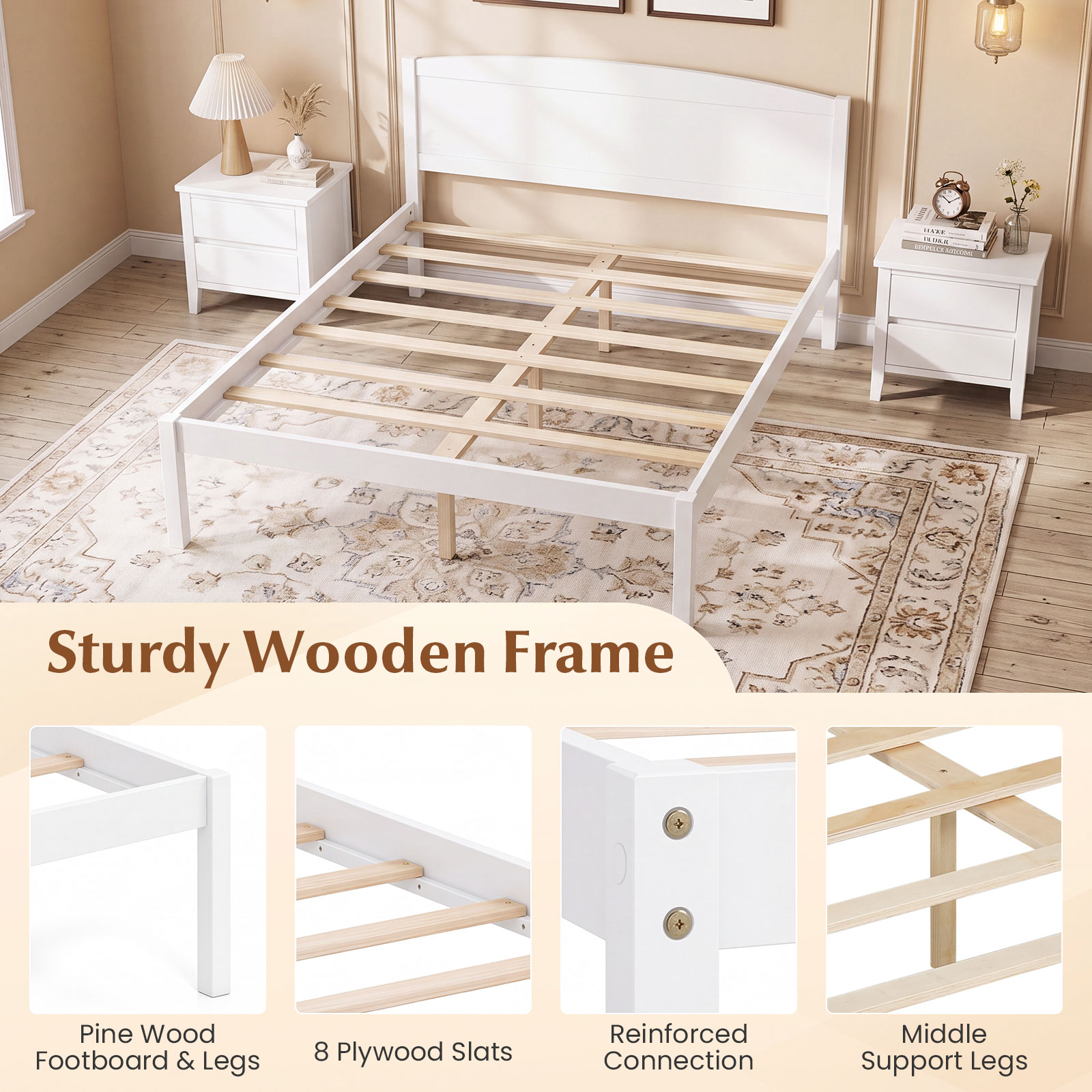 Full Size Wooden Platform Bed Frame w/Curved Headboard, Solid Pine Wood Legs detailed image 9