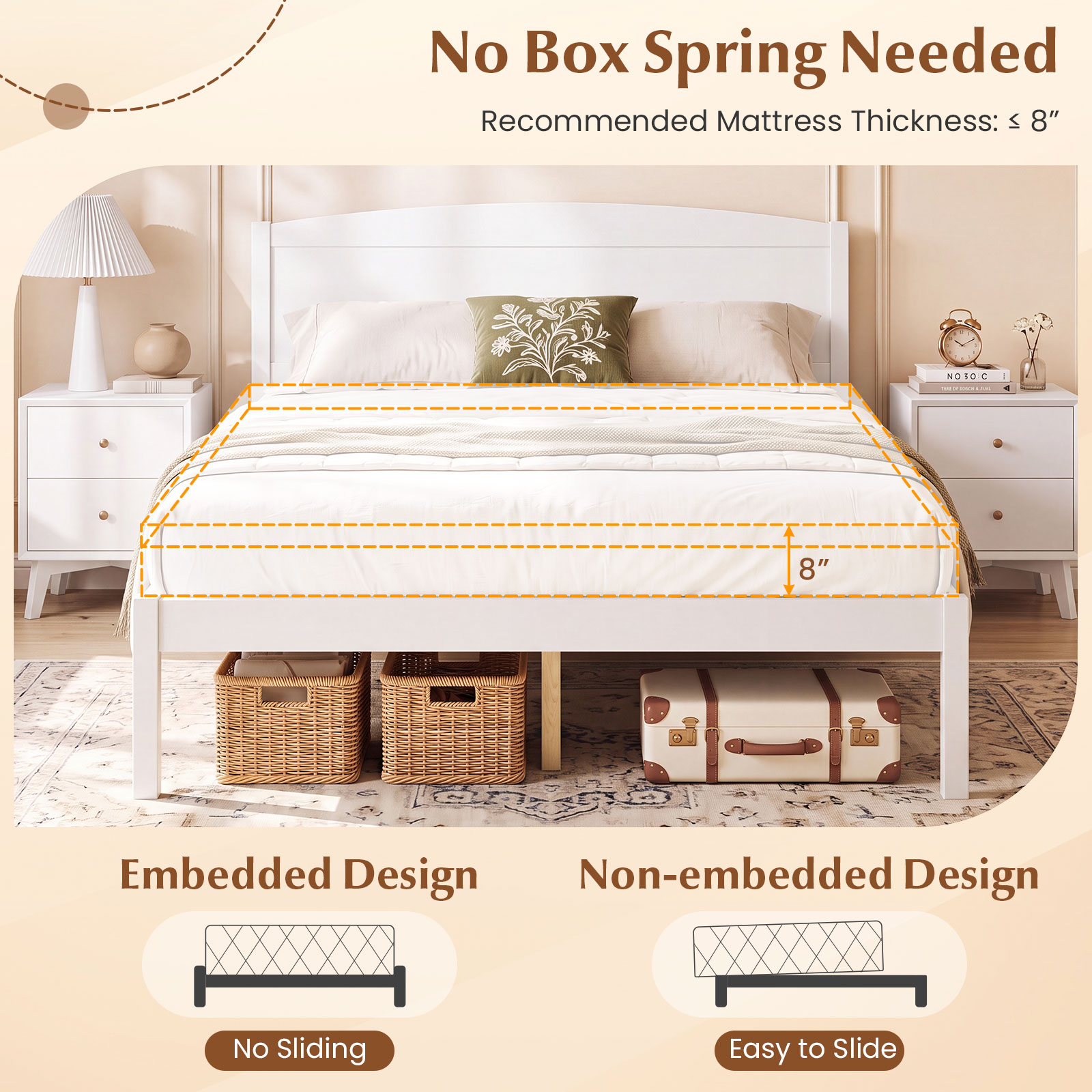 Full Size Wooden Platform Bed Frame w/Curved Headboard, Solid Pine Wood Legs detailed image 8