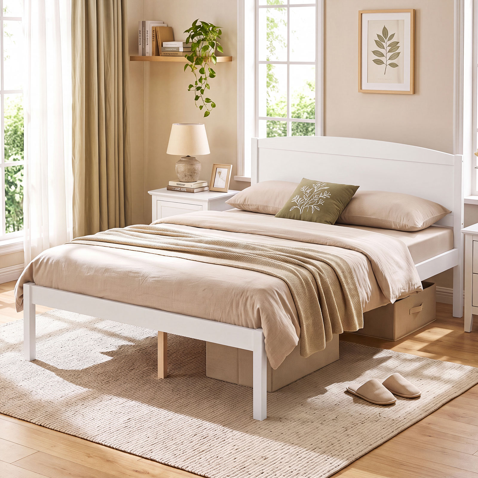 Full Size Wooden Platform Bed Frame w/Curved Headboard, Solid Pine Wood Legs detailed image 3