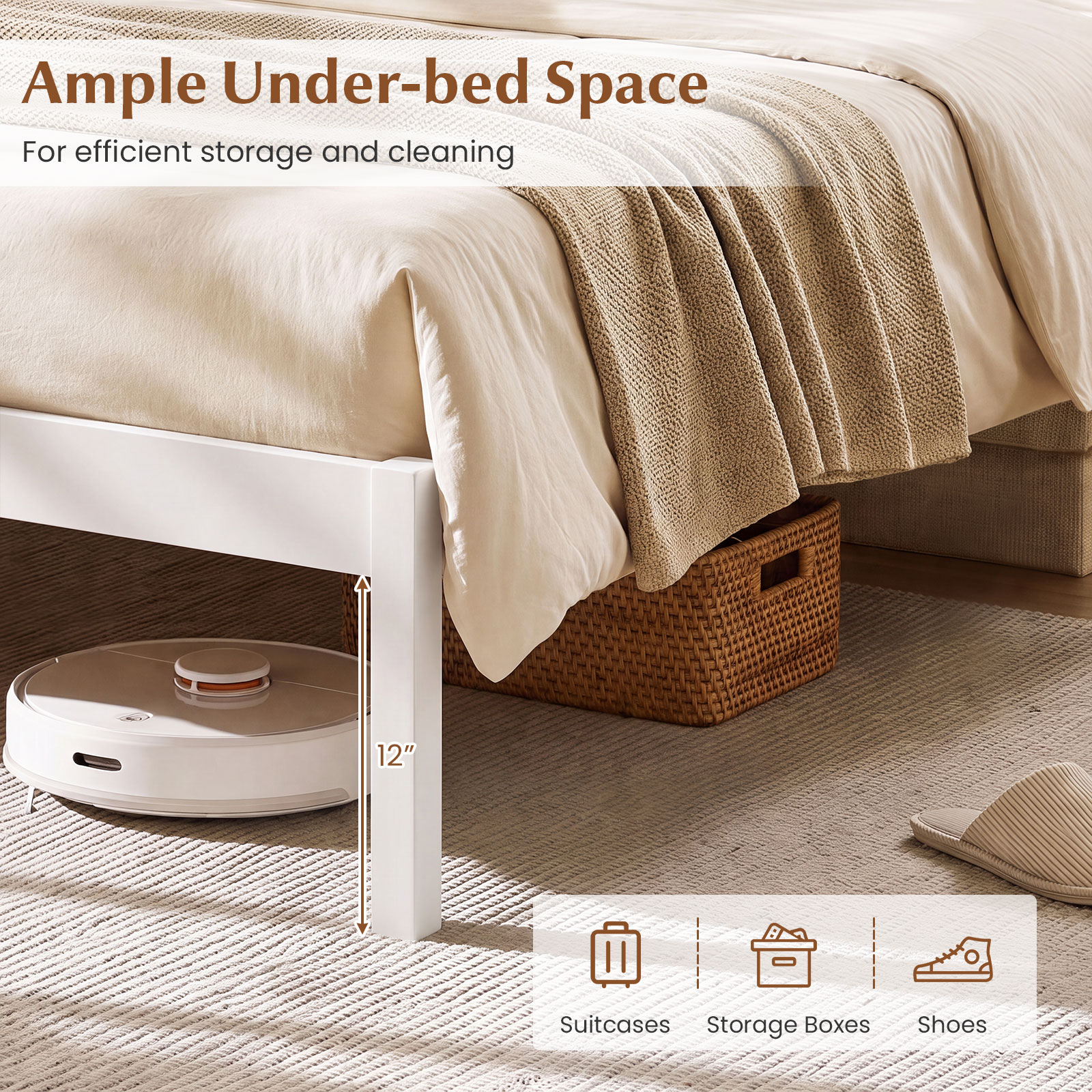 Full Size Wooden Platform Bed Frame w/Curved Headboard, Solid Pine Wood Legs detailed image 7
