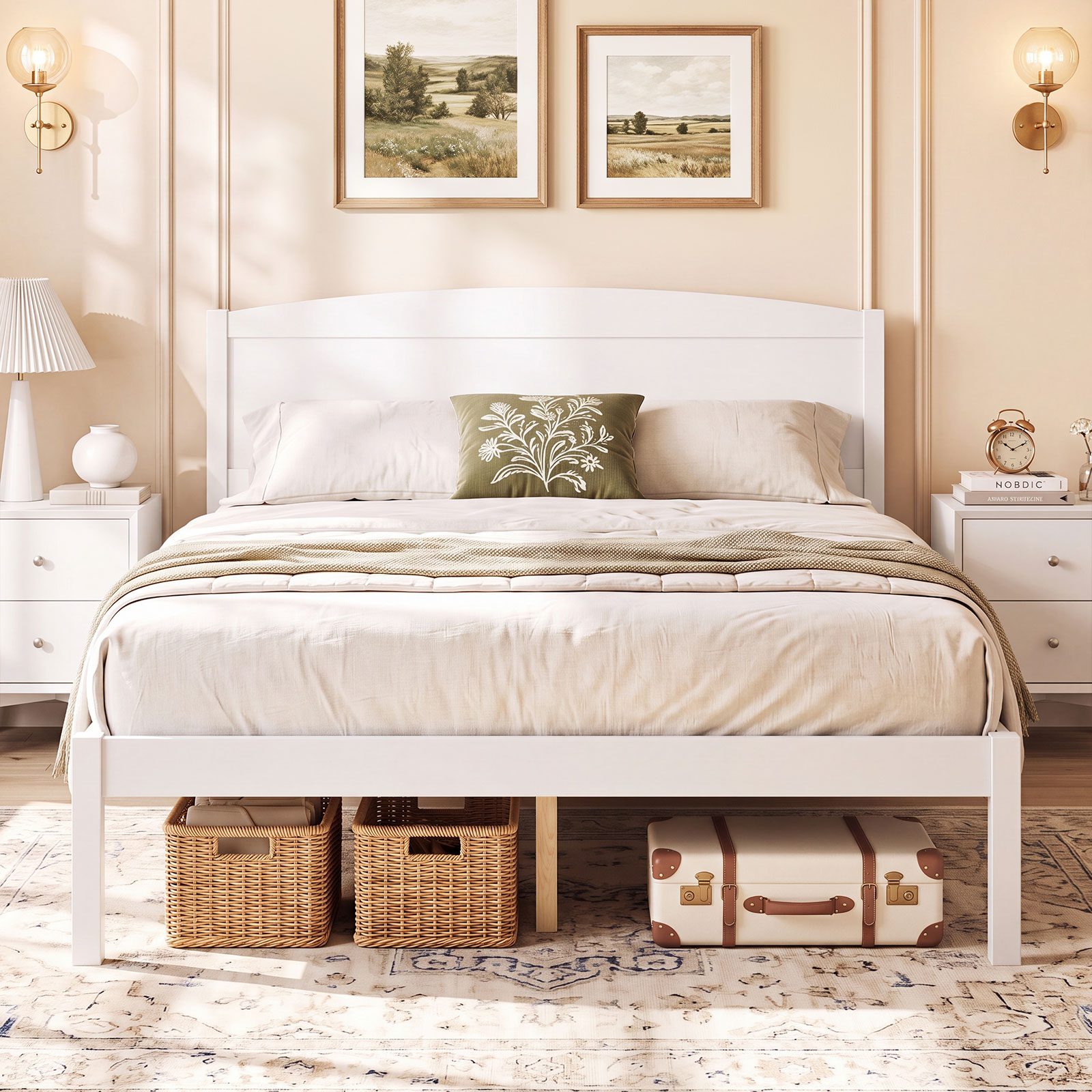 Full Size Wooden Platform Bed Frame w/Curved Headboard, Solid Pine Wood Legs detailed image 5