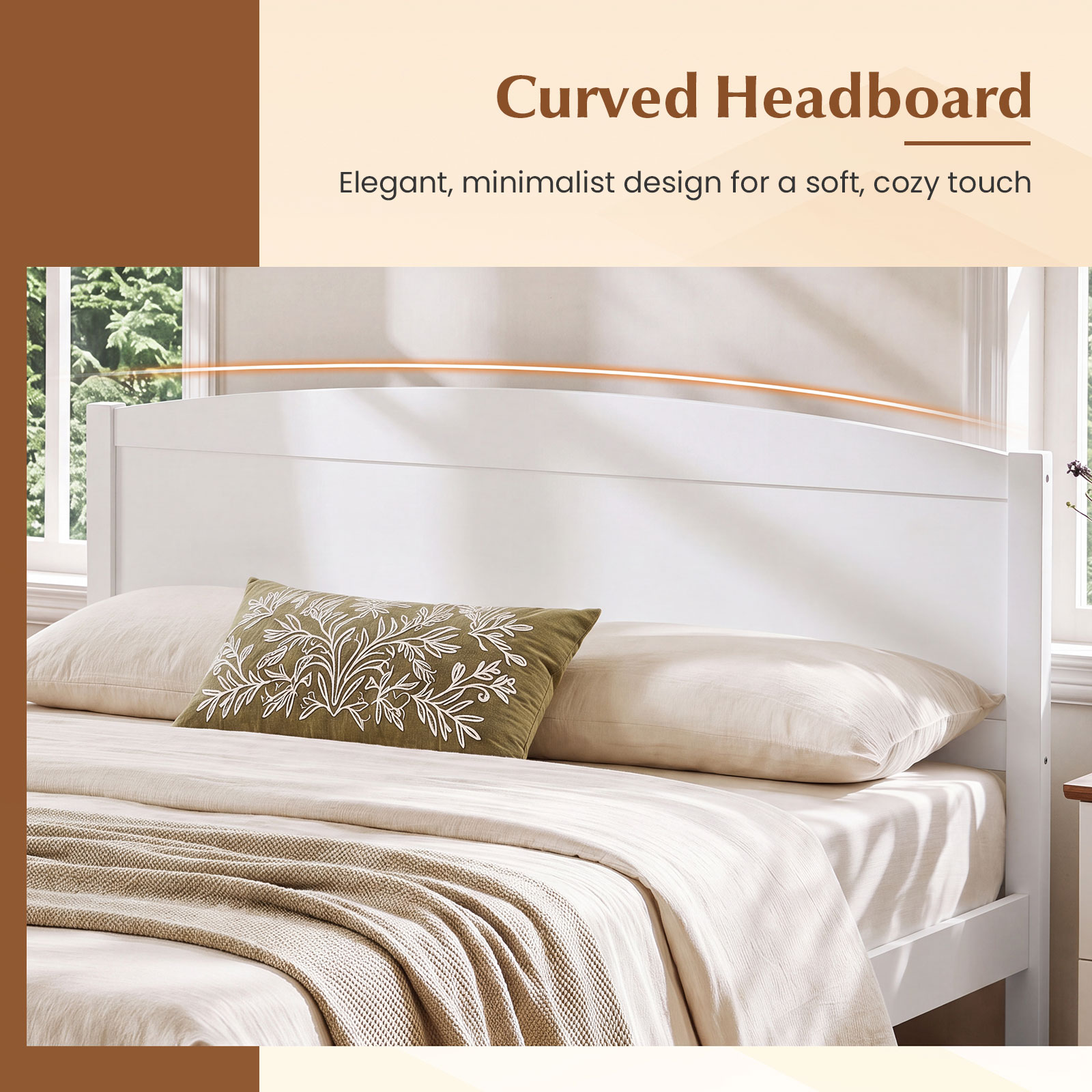 Full Size Wooden Platform Bed Frame w/Curved Headboard, Solid Pine Wood Legs detailed image 6