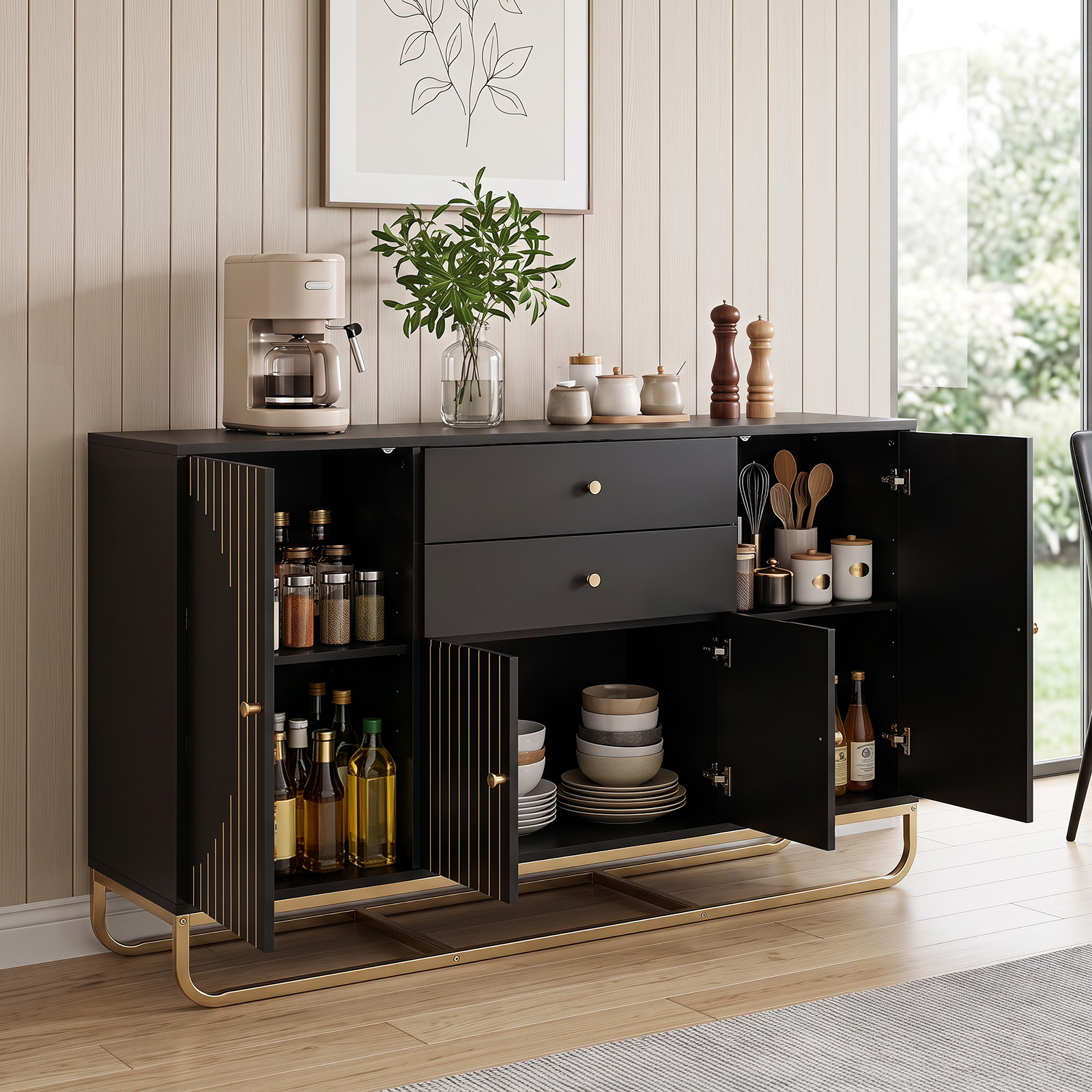 Buffet Sideboard Cabinet w/2 Drawers Geometric Design 5-Level Adjustable Shelves