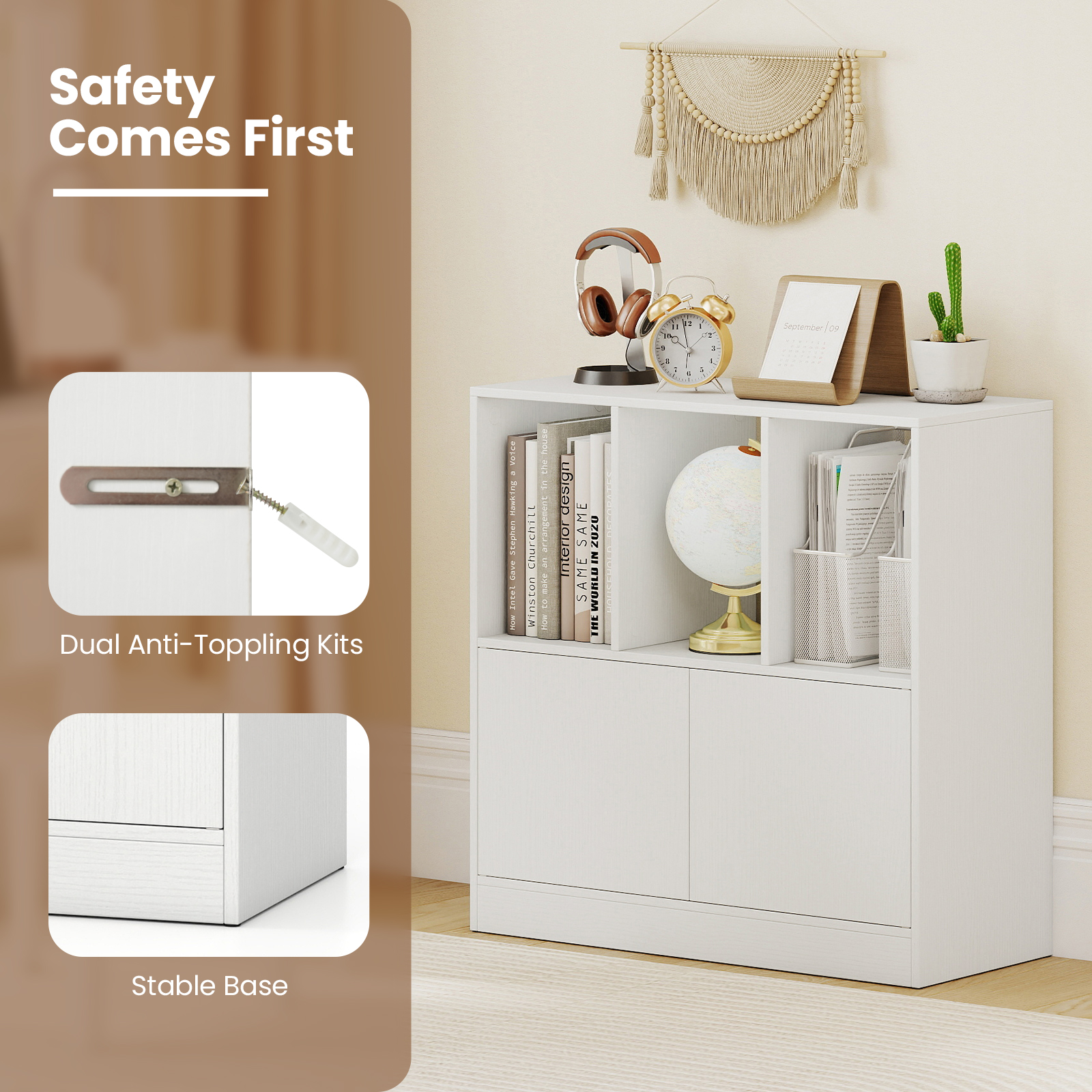 Cube Bookcase with Doors, Open Compartments & Cabinet, Modern Display Shelf