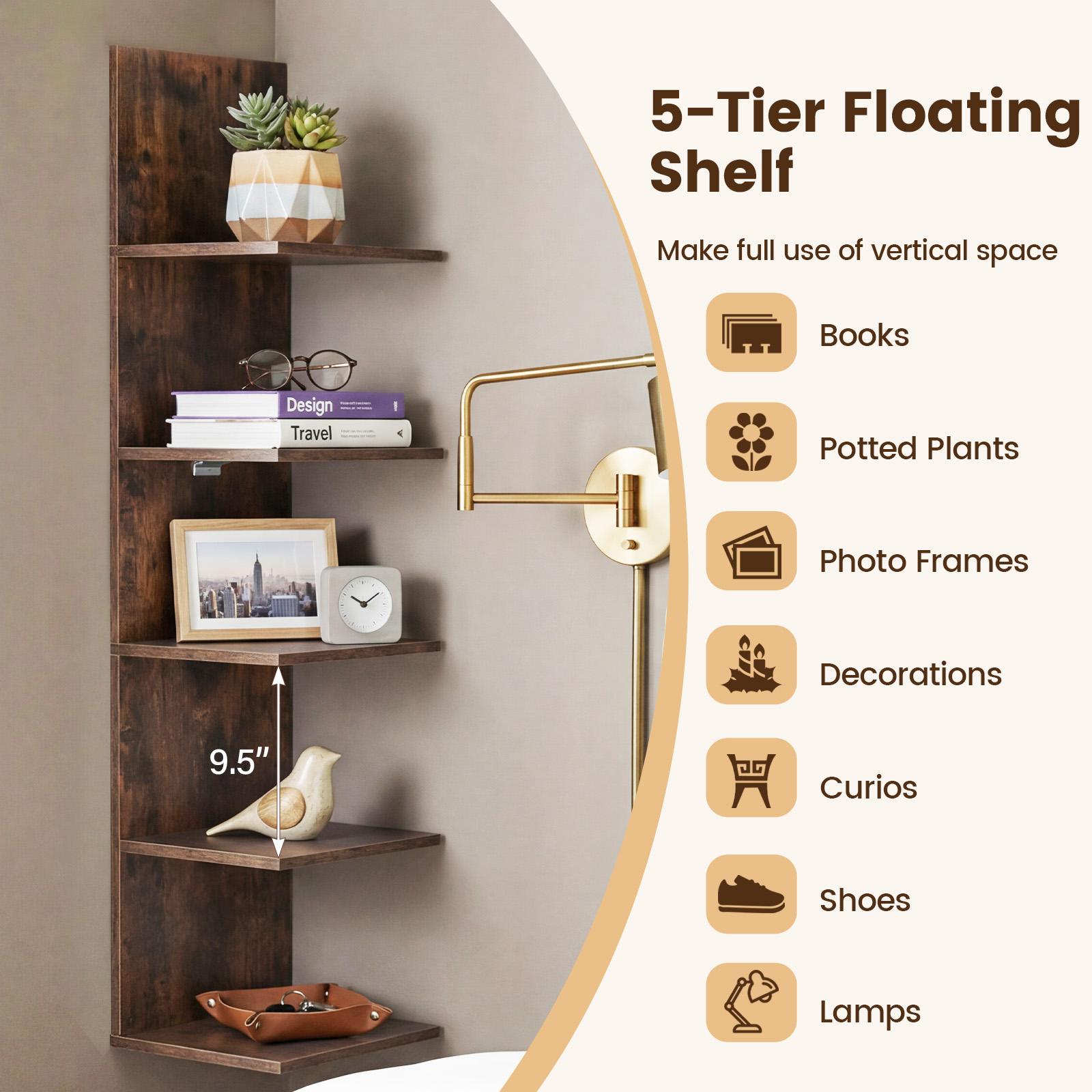 5-Tier Wall Shelves Vertical Floating Storage Shelf Unit Wall-Mounted Organizer
