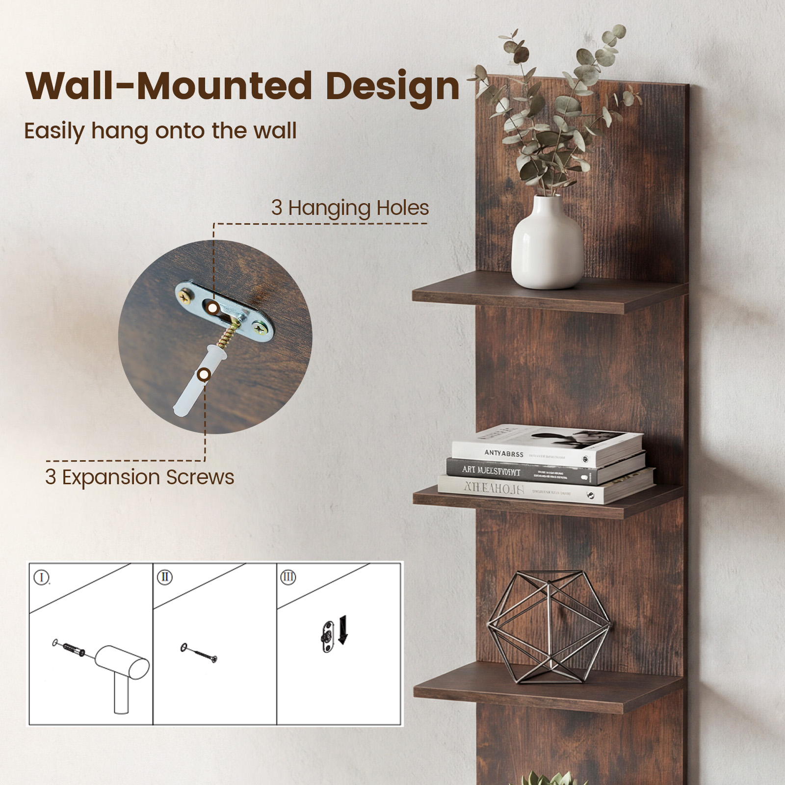 5-Tier Wall Shelves Vertical Floating Storage Shelf Unit Wall-Mounted Organizer