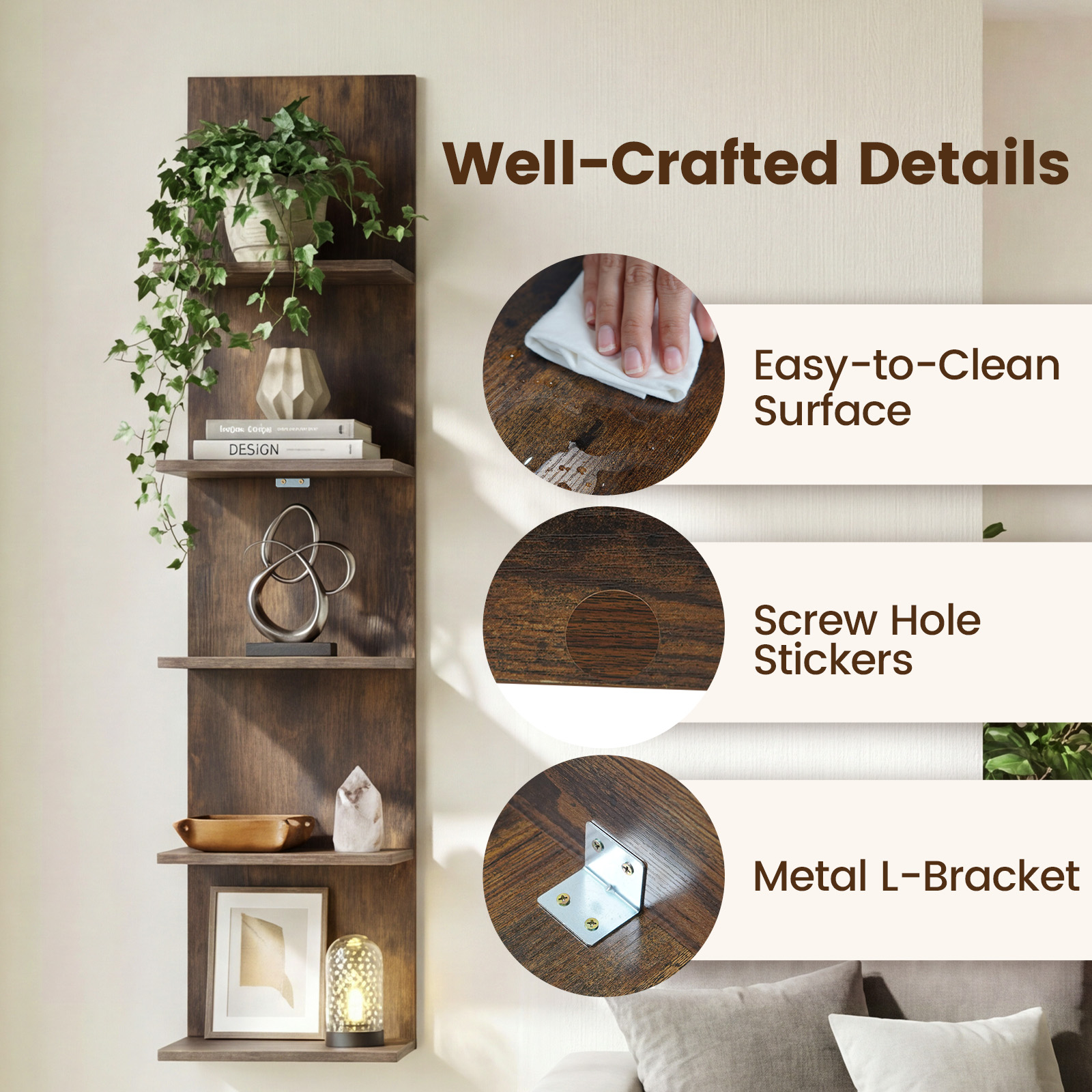 5-Tier Wall Shelves Vertical Floating Storage Shelf Unit Wall-Mounted Organizer