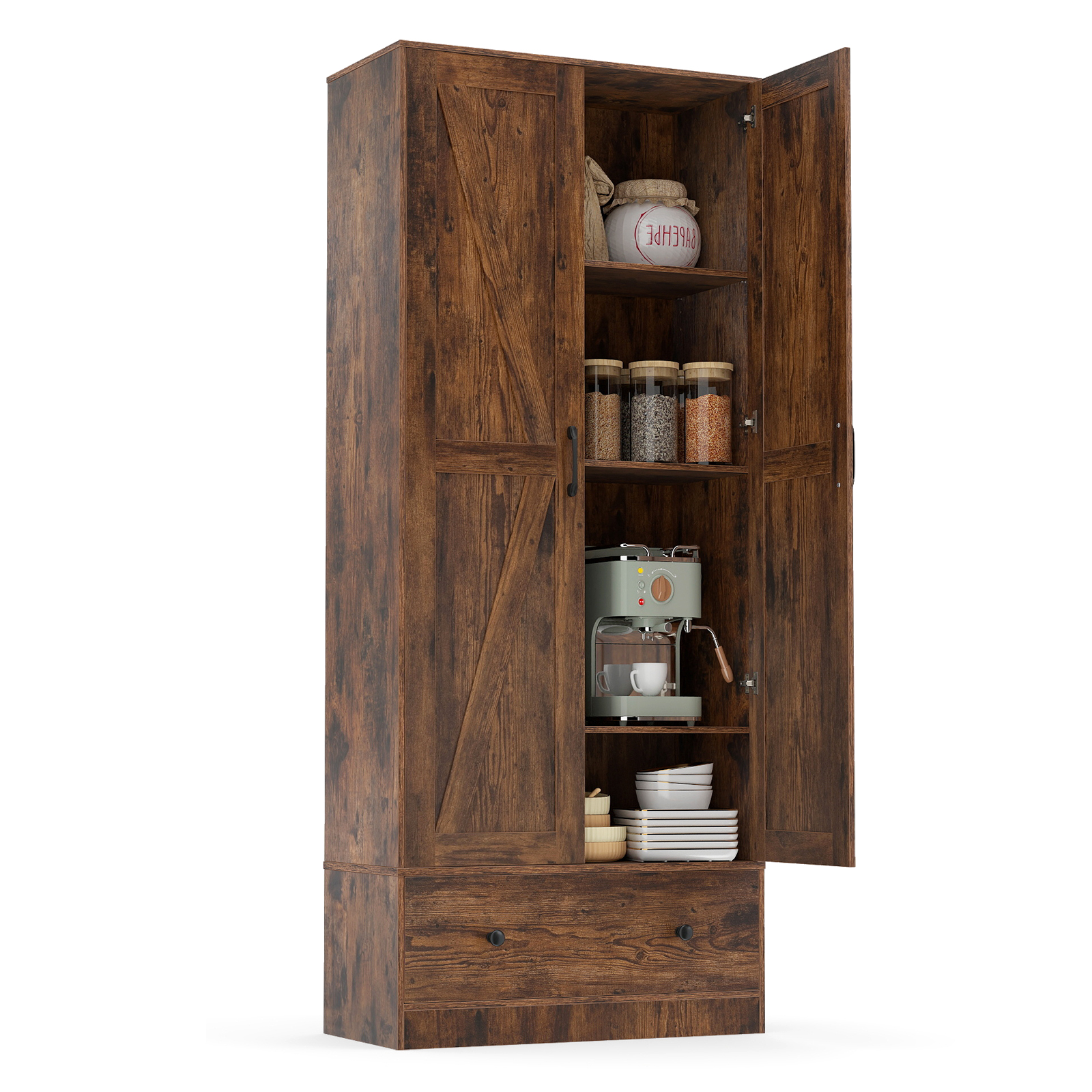 72″ Tall Kitchen Pantry Cabinet, Farmhouse Wooden Cupboard w/ 2 Doors, Drawer